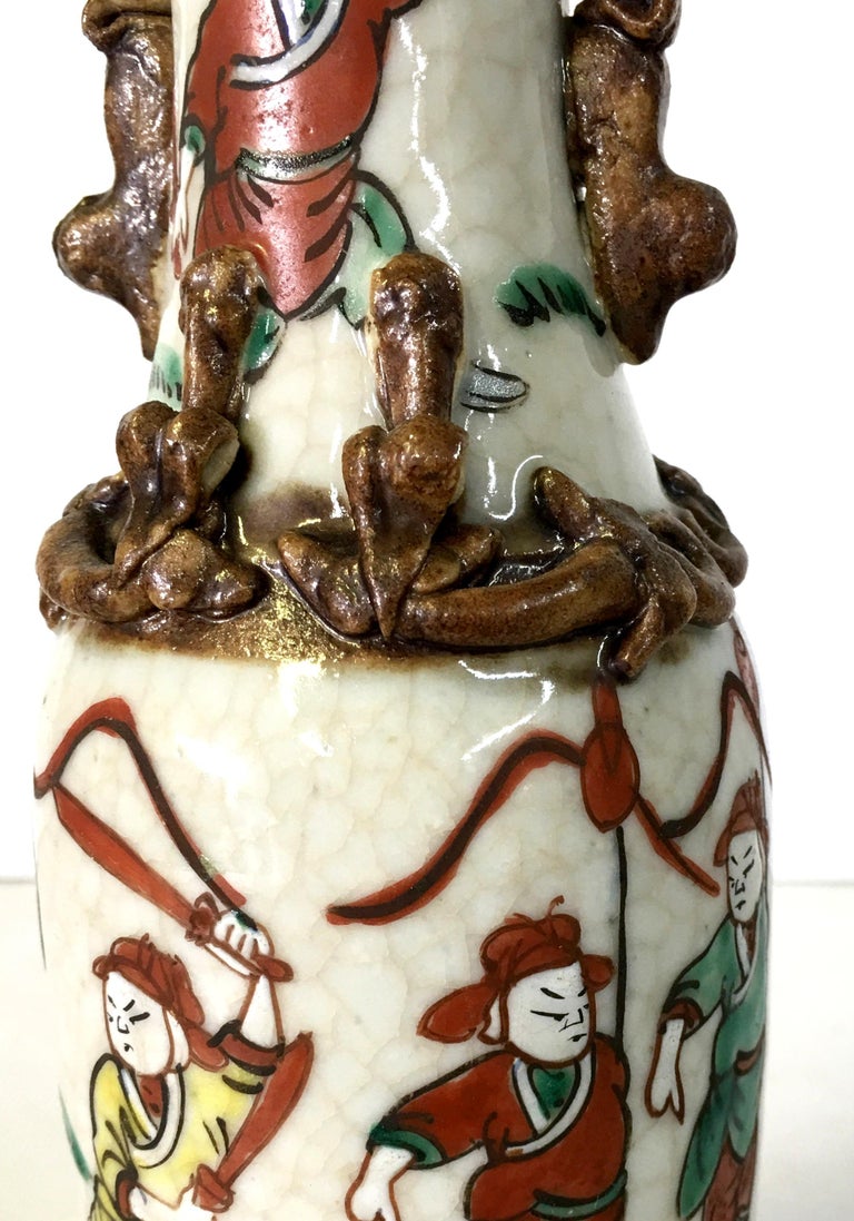 19th Century Pair Of Japanese Warrior Crackle Ware Hand Painted Vases