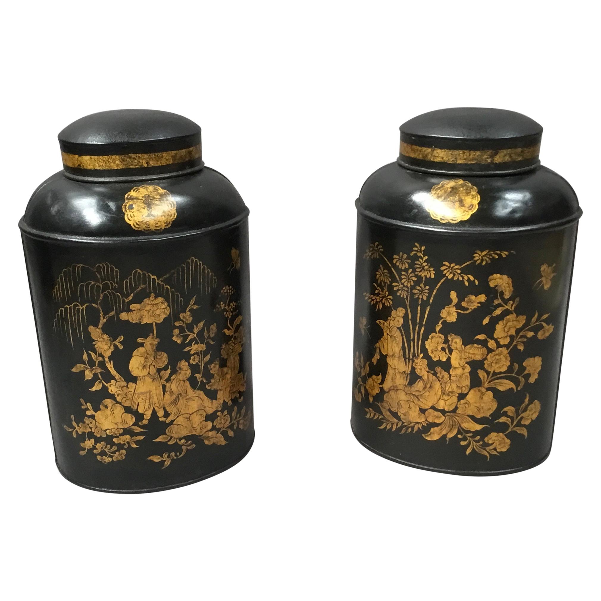 19th Century Pair of Chinoiserie Lacquered Tole Tea Canisters by John Bartlett For Sale