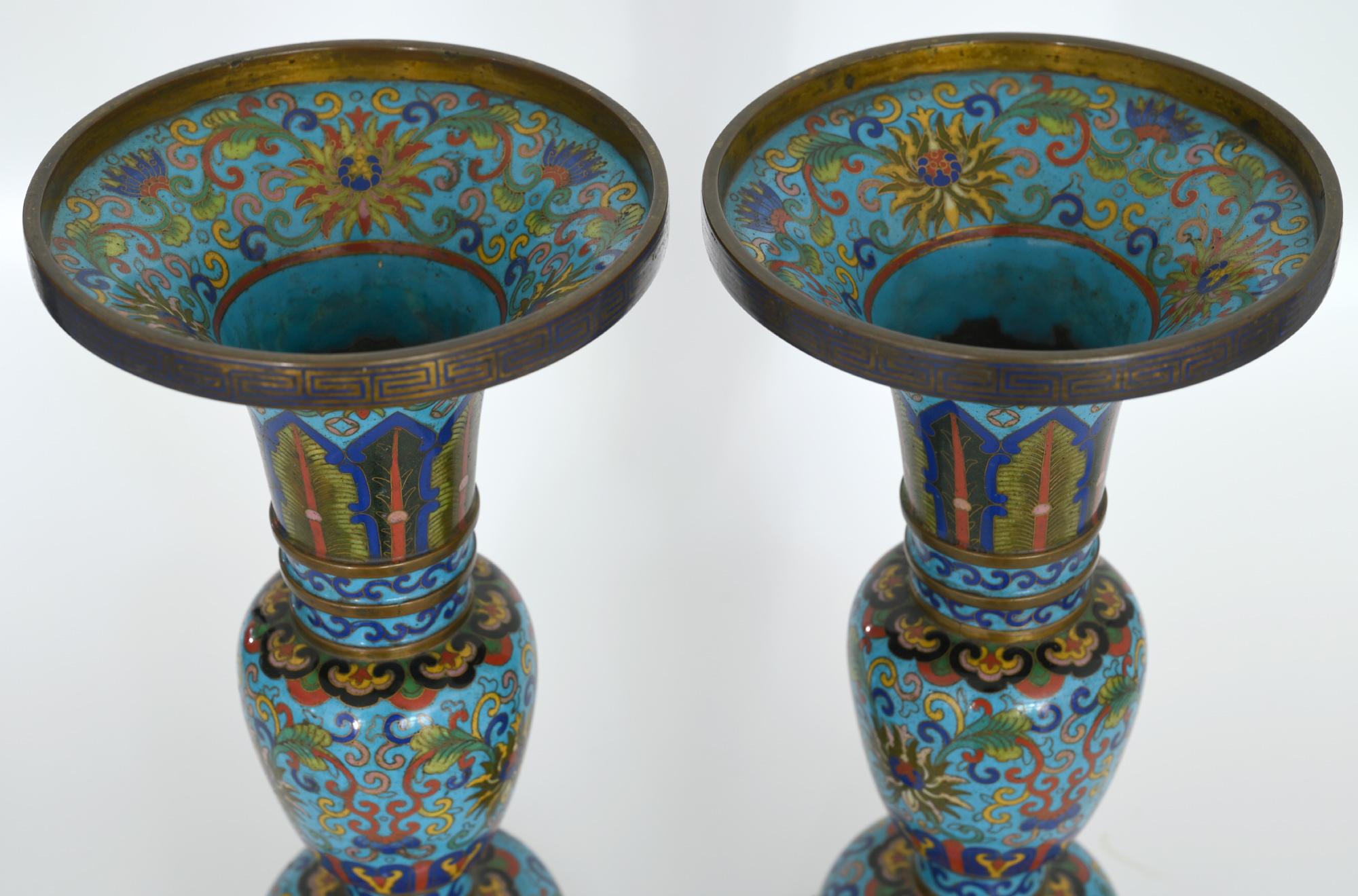 19th century pair of cloisonné vases, China

A very decorative pair of cloisonné vases from China, made in the Early 20th century. The colors are very beautiful and in good condition.
   