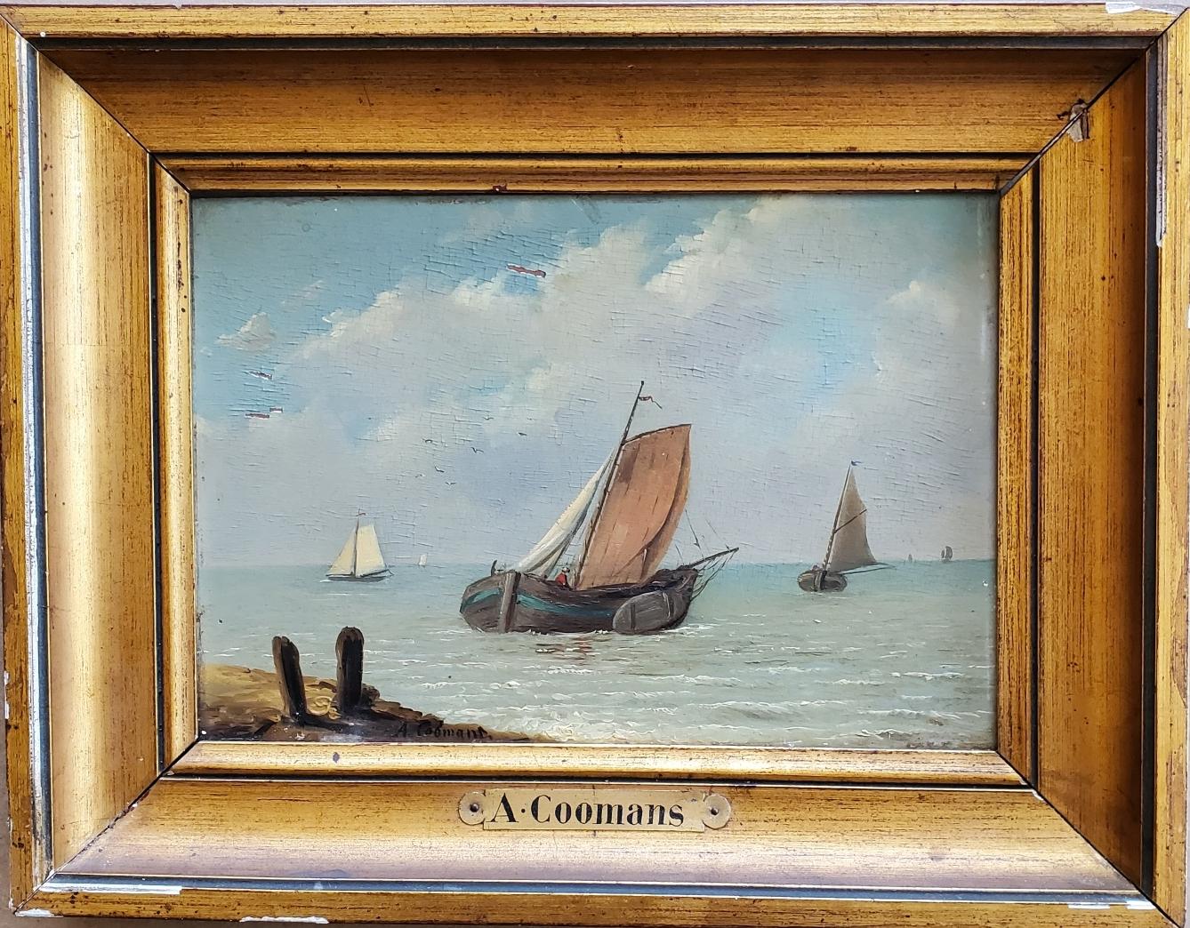 Pair of 19th Century Coastal Seascapes by Auguste Coomans (Belgian: act. 1855 - 1896), two oil on mahogany panel coastal seascapes featuring small craft sailing close to shore, with crew visible on deck, on calm seas under cloudy blue sky, one