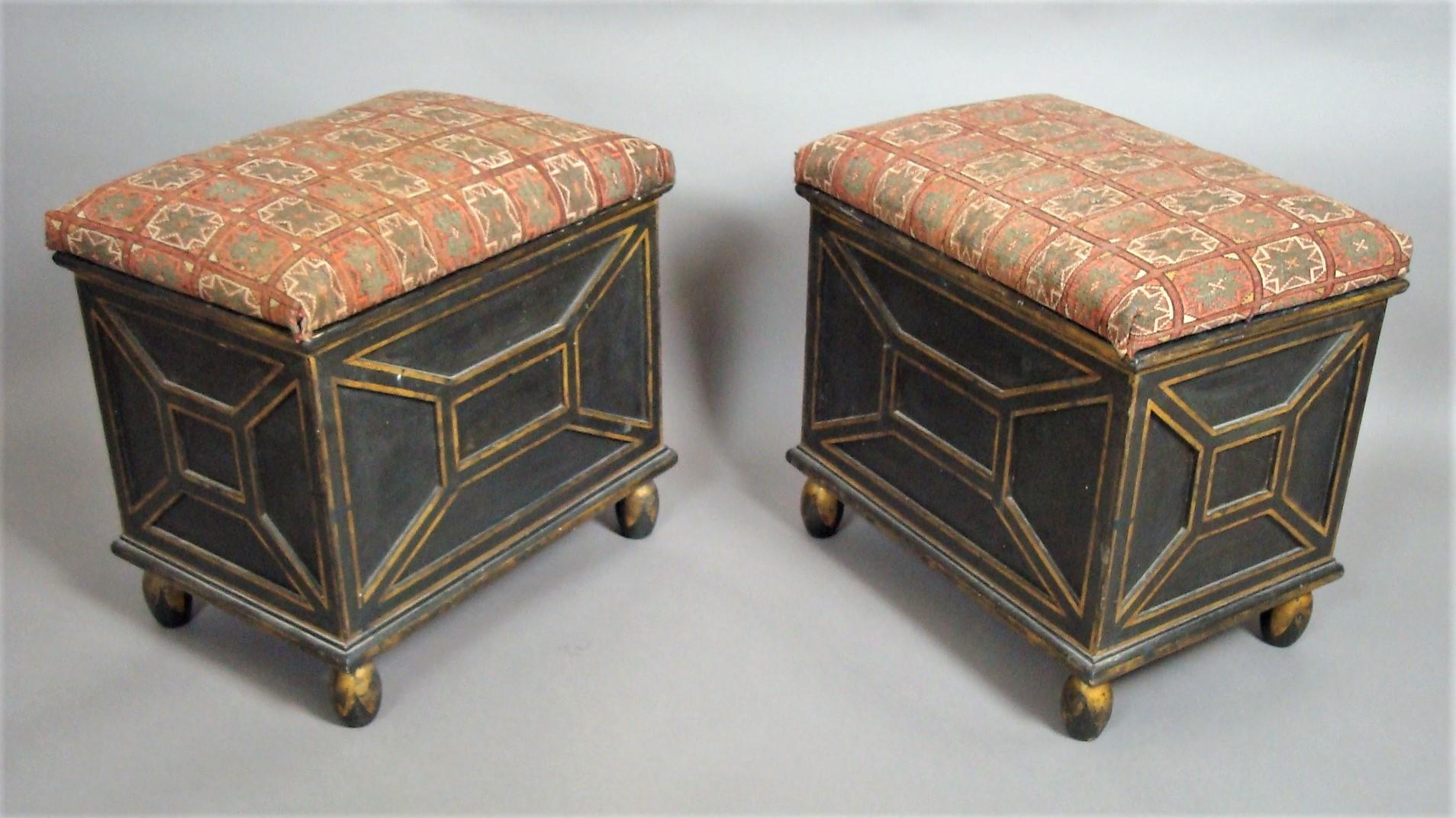 Gilt 19th Century Pair of Decorated Box Stools