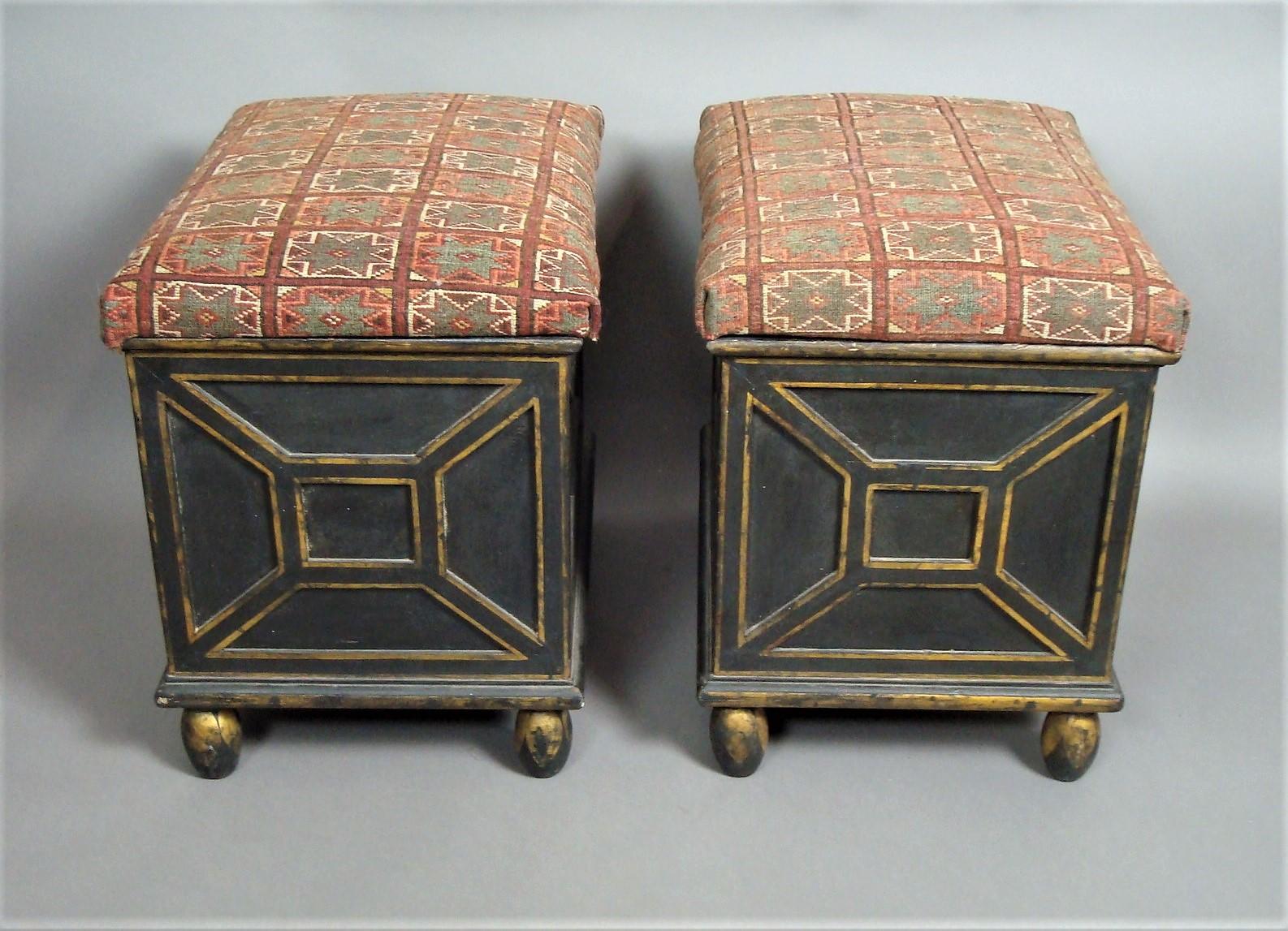Wood 19th Century Pair of Decorated Box Stools