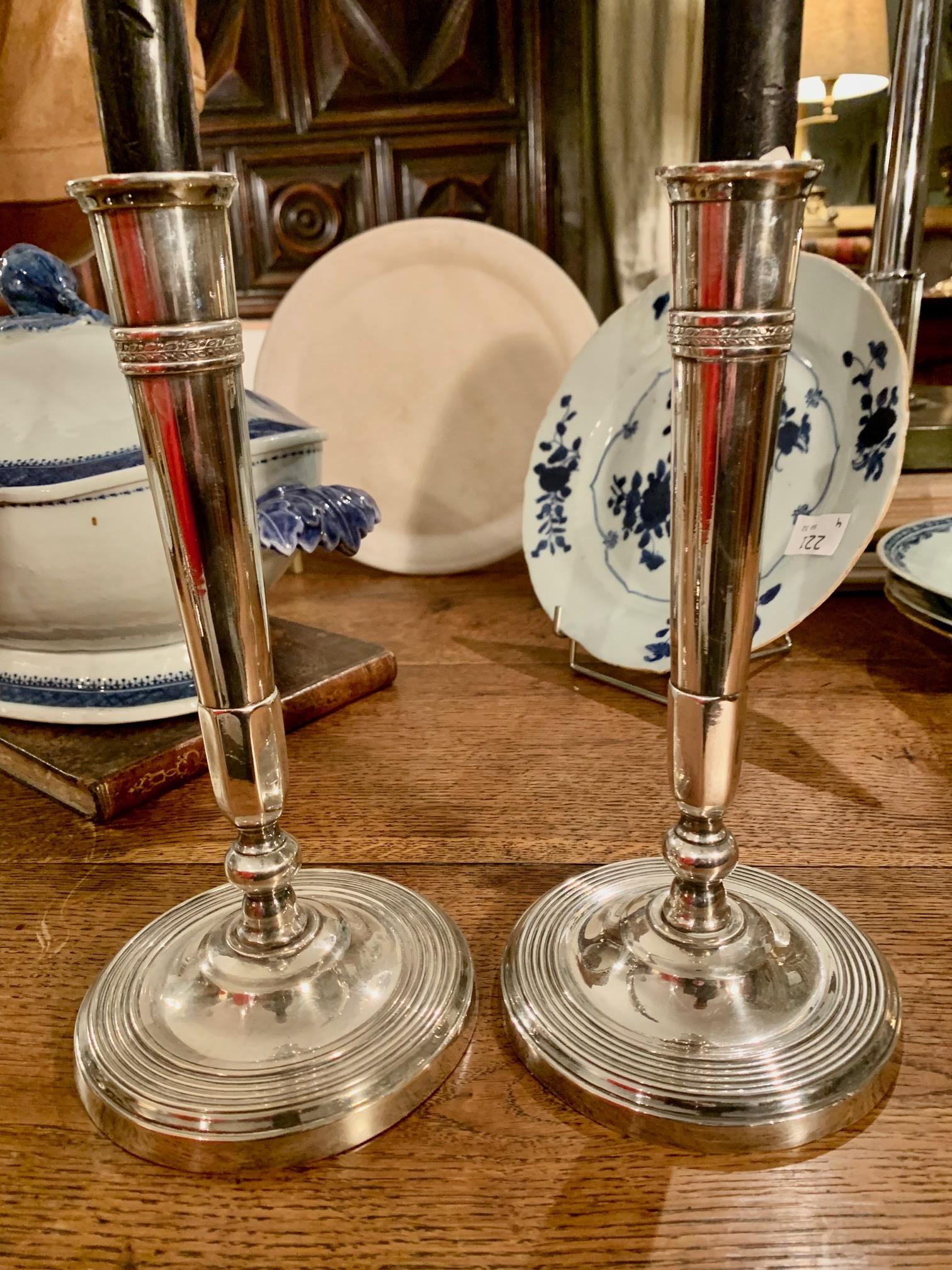 19th Century Pair of Directoire Silver metal
 Bronze Directoire Candlesticks For Sale 6