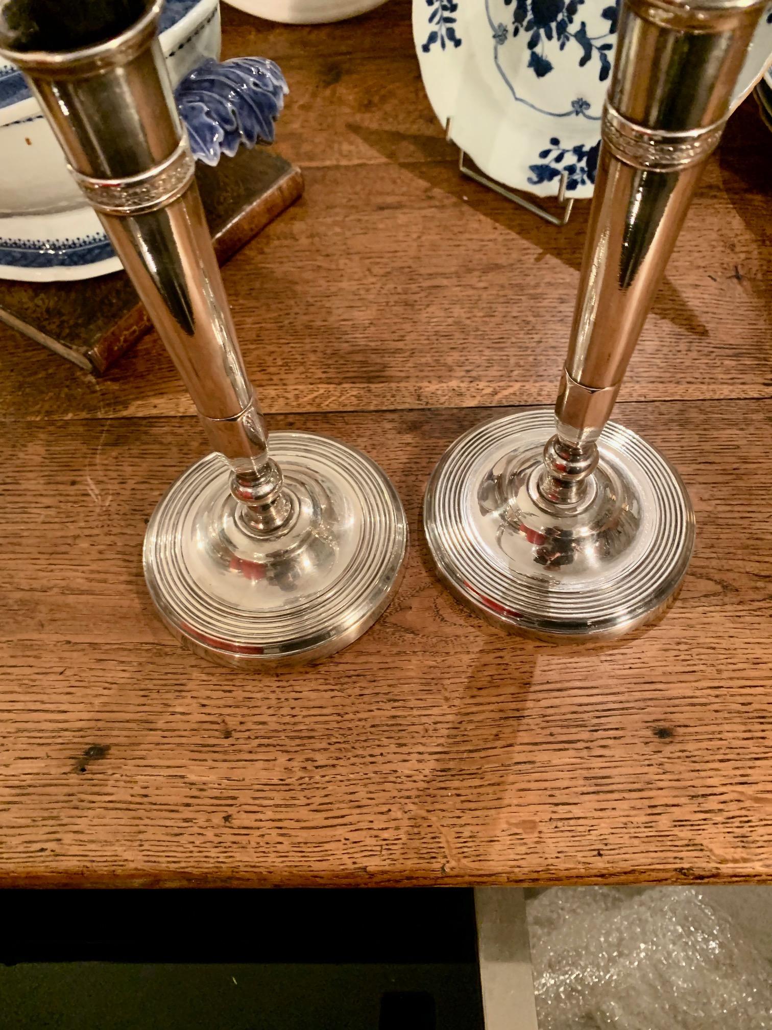 19th Century Pair of Directoire Silver metal
 Bronze Directoire Candlesticks For Sale 7