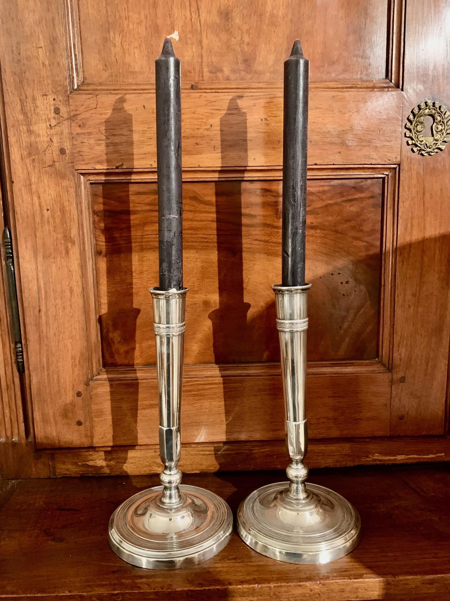19th Century Pair of Directoire Silver metal
 Bronze Directoire Candlesticks For Sale 8