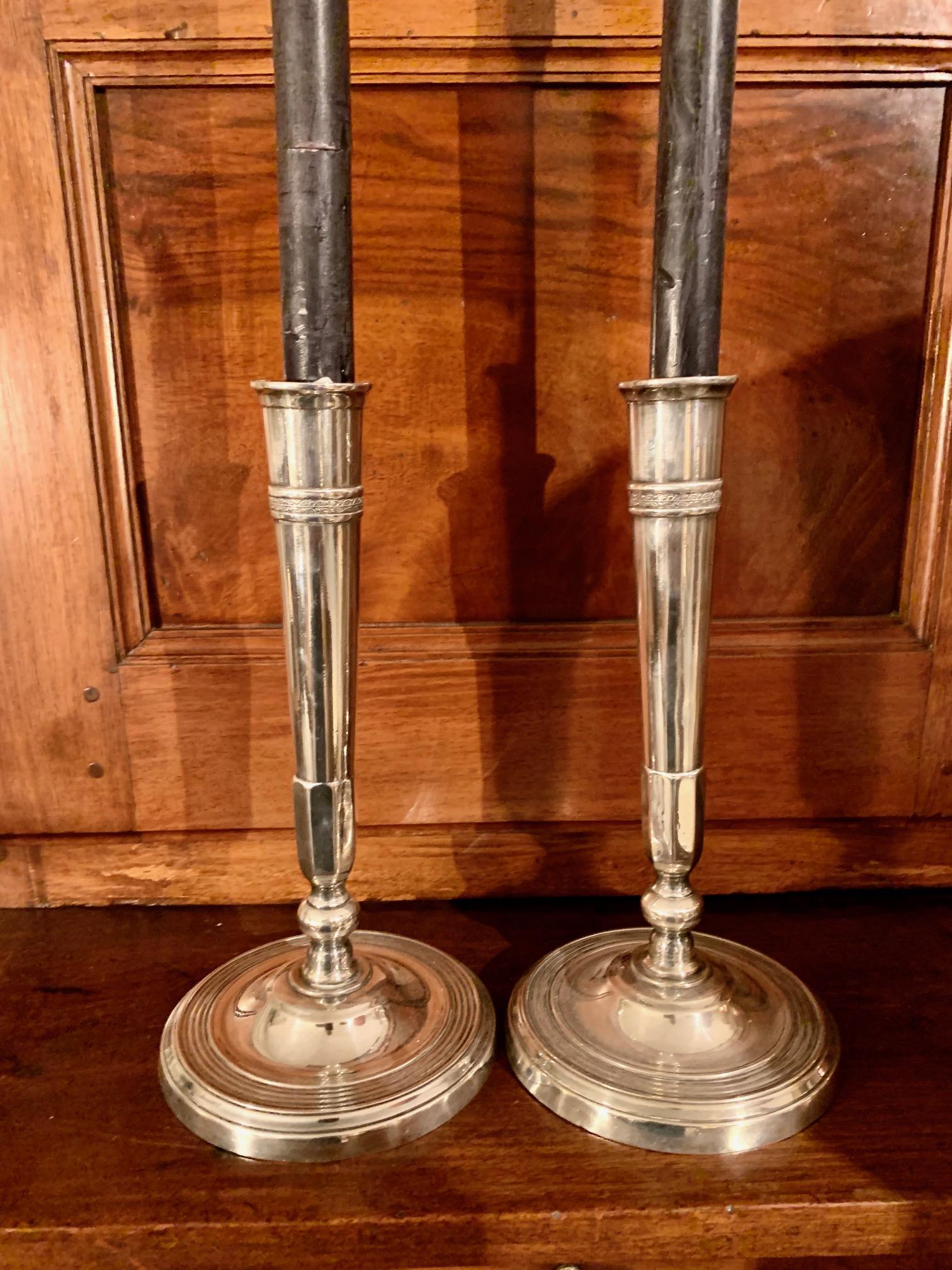 19th Century Pair of Directoire Silver metal
 Bronze Directoire Candlesticks For Sale 9