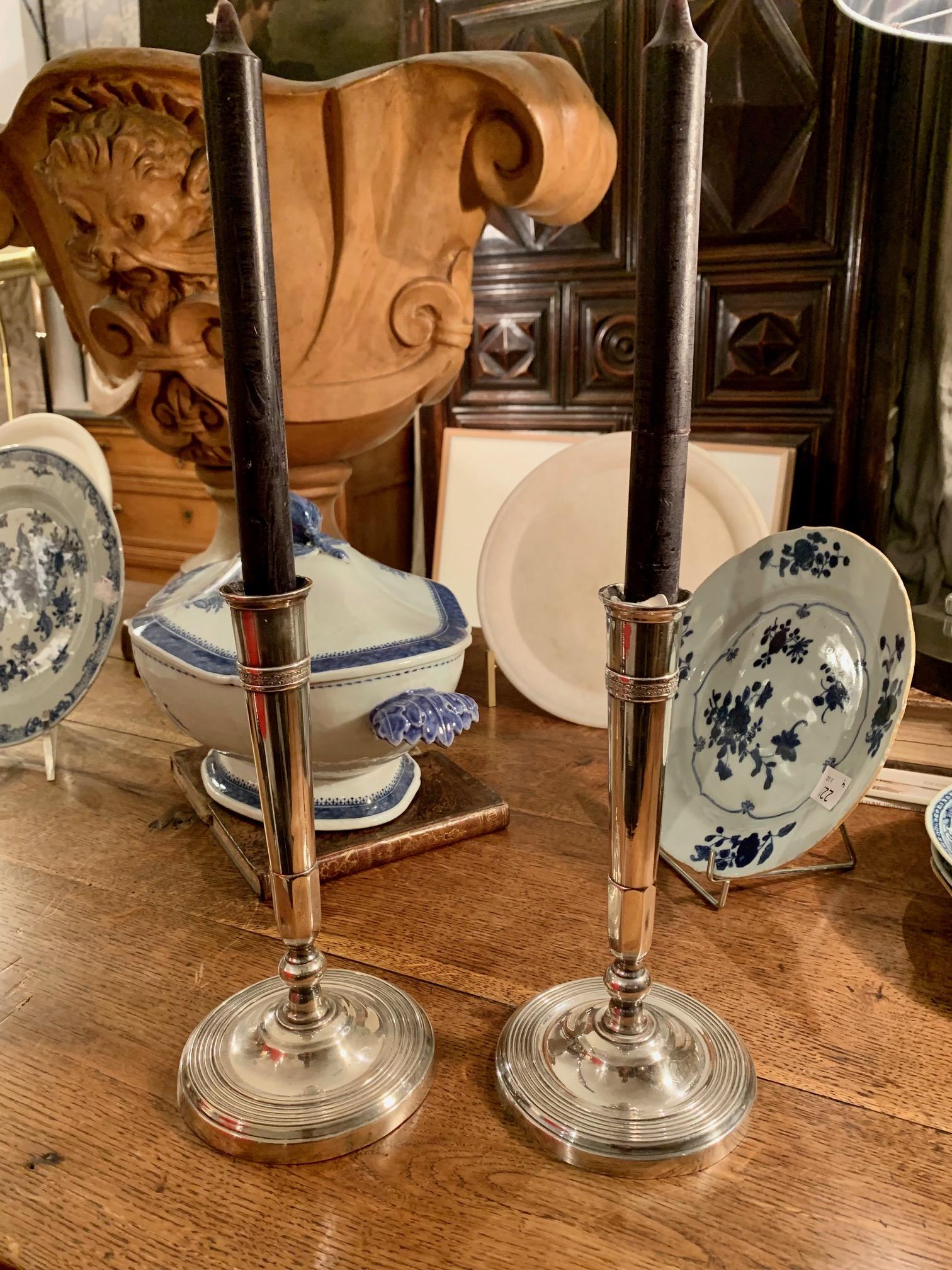 19th Century Pair of Directoire Silver metal
 Bronze Directoire Candlesticks For Sale 4