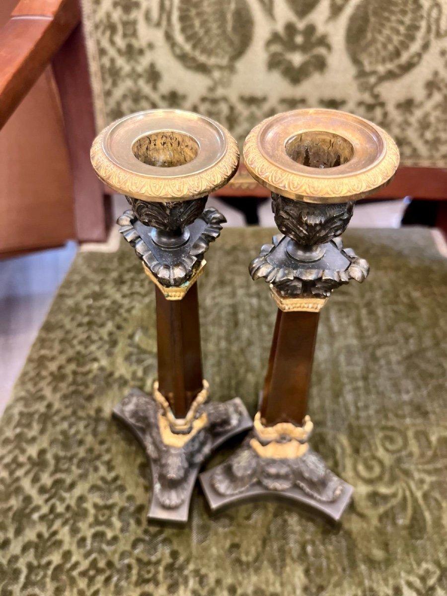Louis Philippe 19th Century Pair of Double Patina Bronze Candlesticks  For Sale
