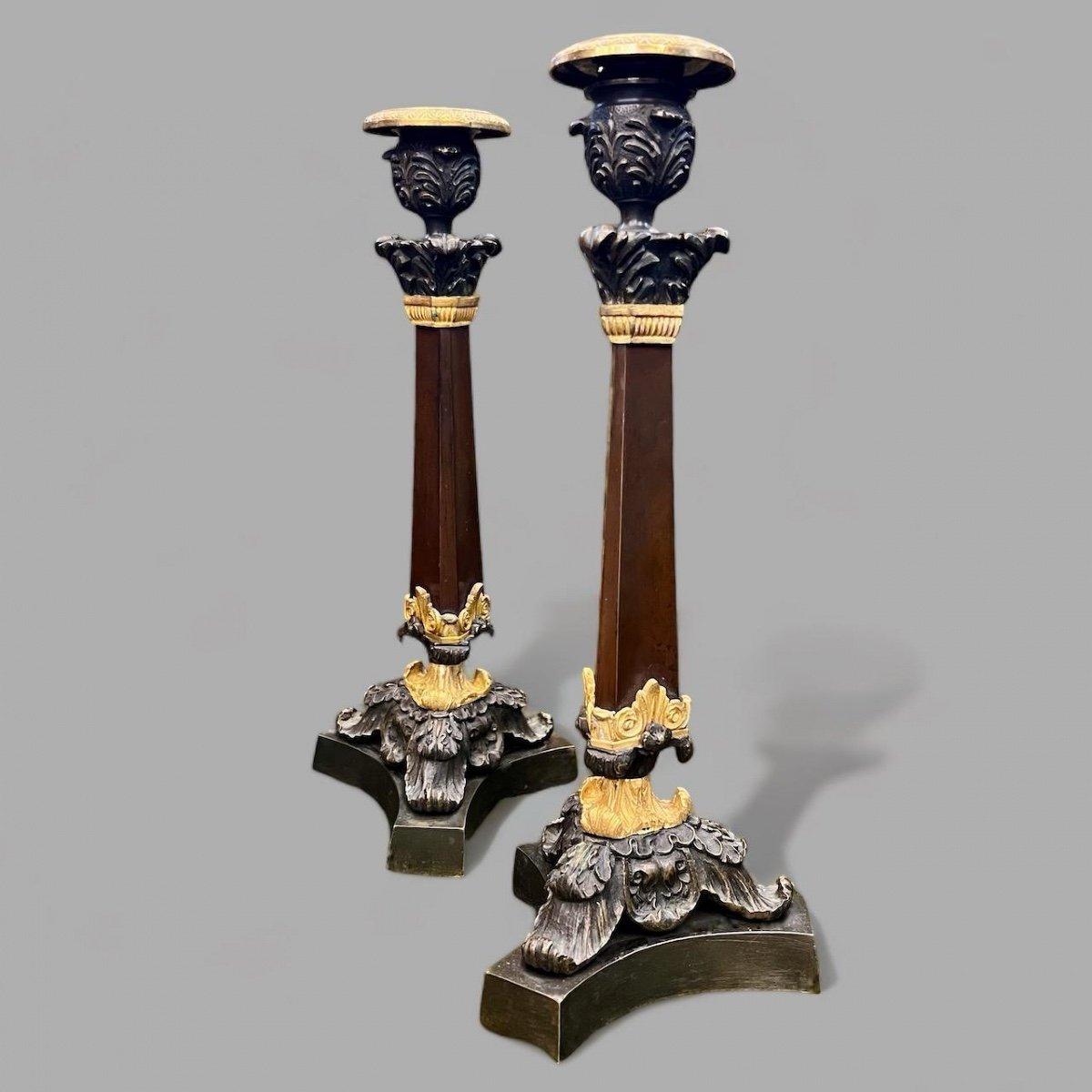 French 19th Century Pair of Double Patina Bronze Candlesticks  For Sale