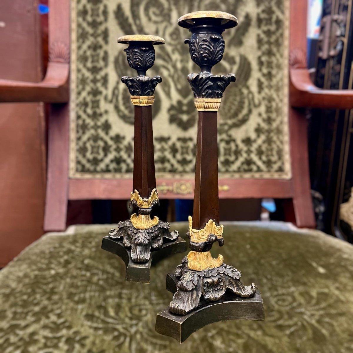 Patinated 19th Century Pair of Double Patina Bronze Candlesticks For Sale