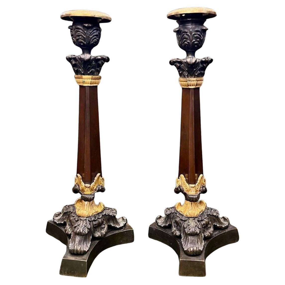 19th Century Pair of Double Patina Bronze Candlesticks 