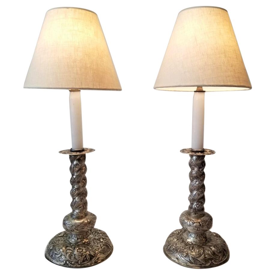 19th Century Pair of Dutch Baroque Silver Repoussé Candlestick Lamps