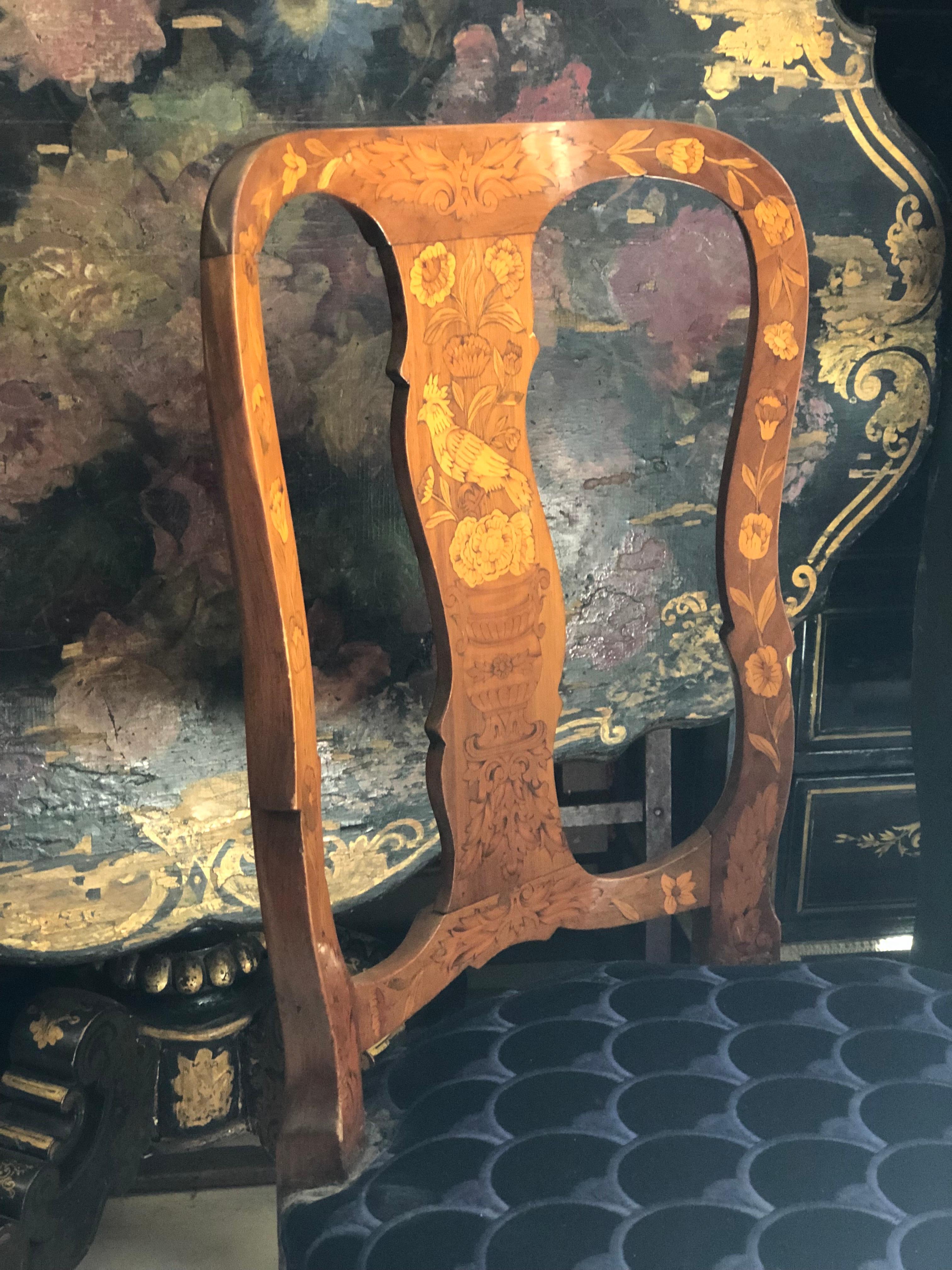 19th Century Pair of Dutch Inlaid Wood Chairs with Flower Motifs and Birds For Sale 2
