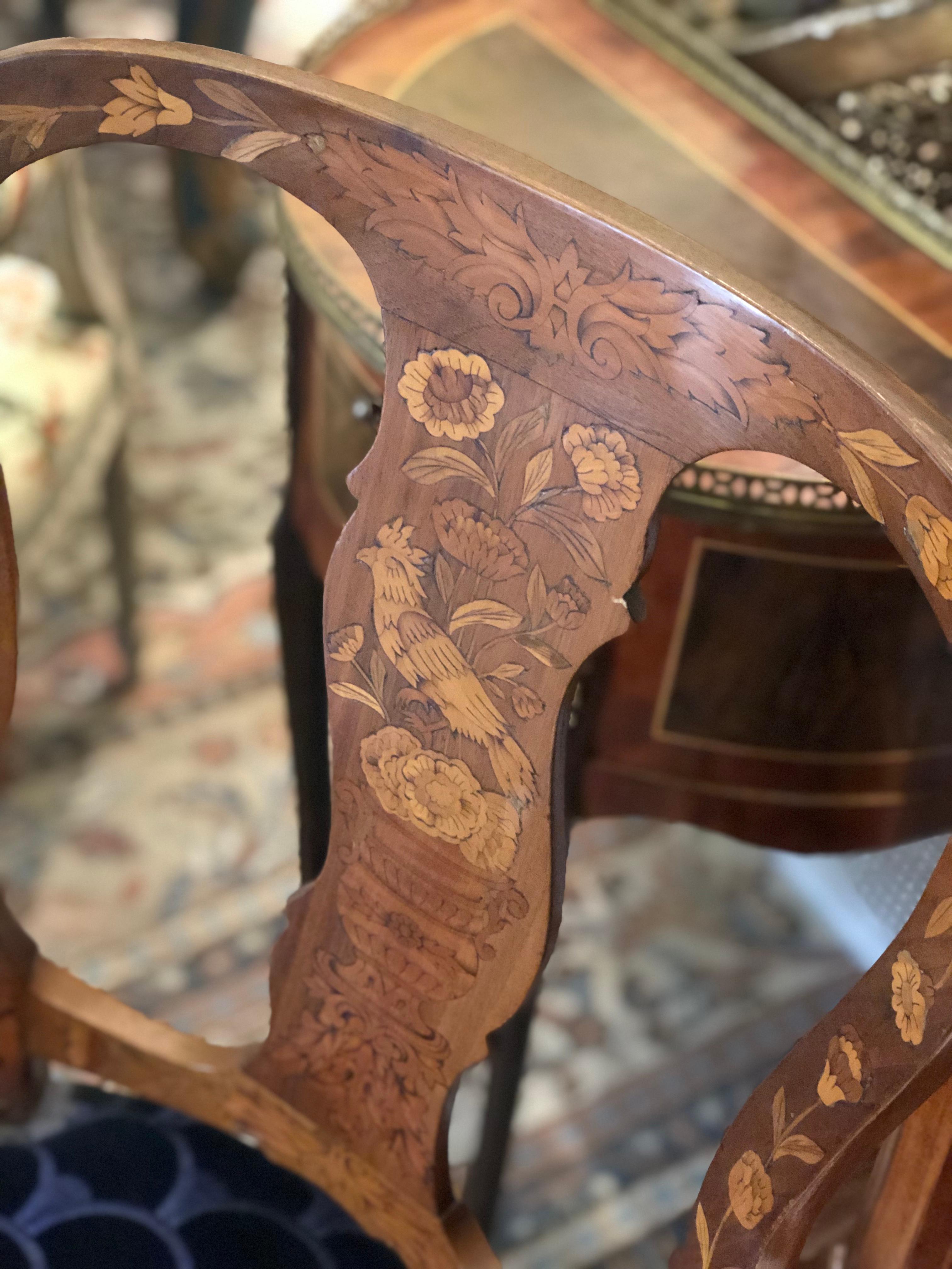 19th Century Pair of Dutch Inlaid Wood Chairs with Flower Motifs and Birds For Sale 3