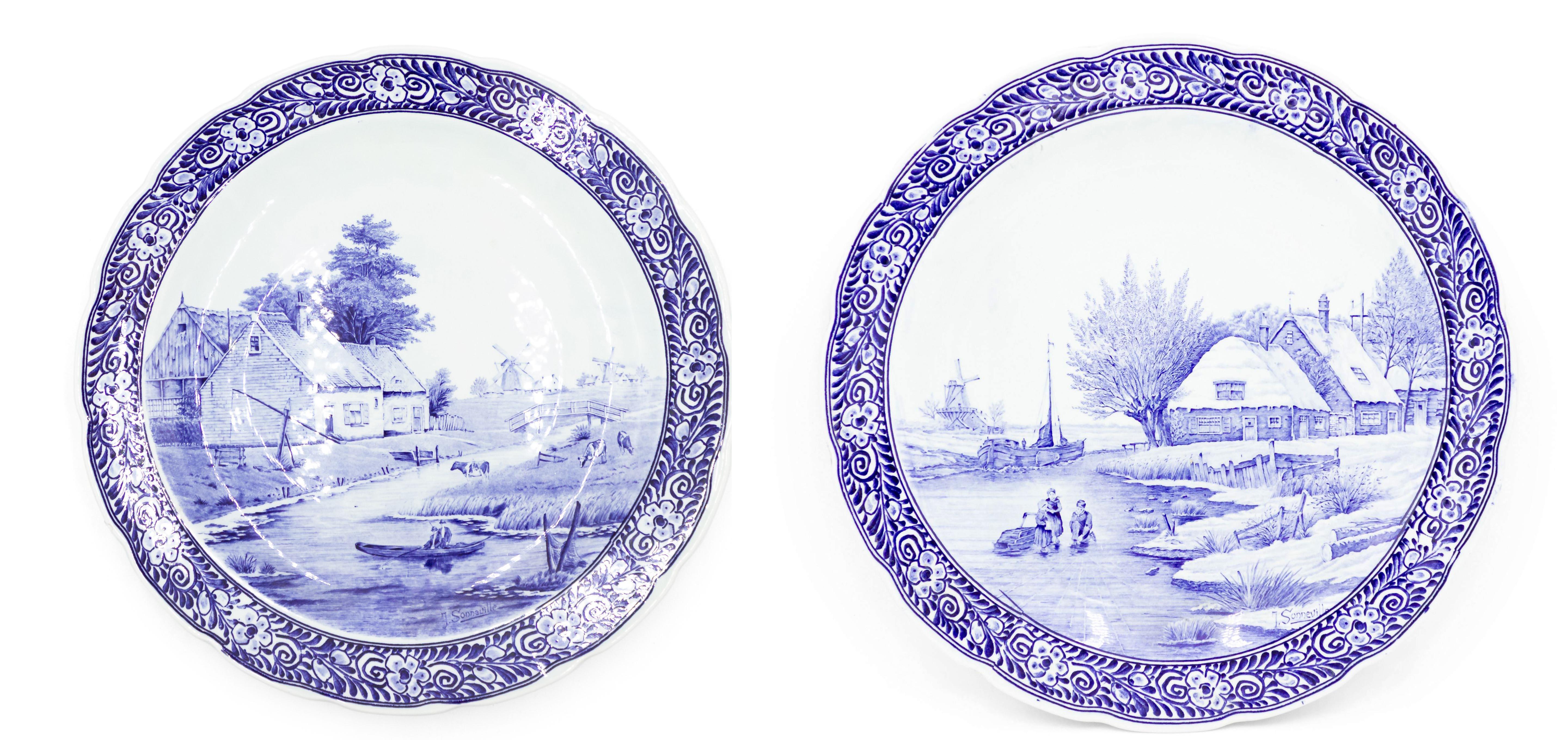 19th Century Pair of Dutch Porcelain Landscape Charger Plates For Sale 8