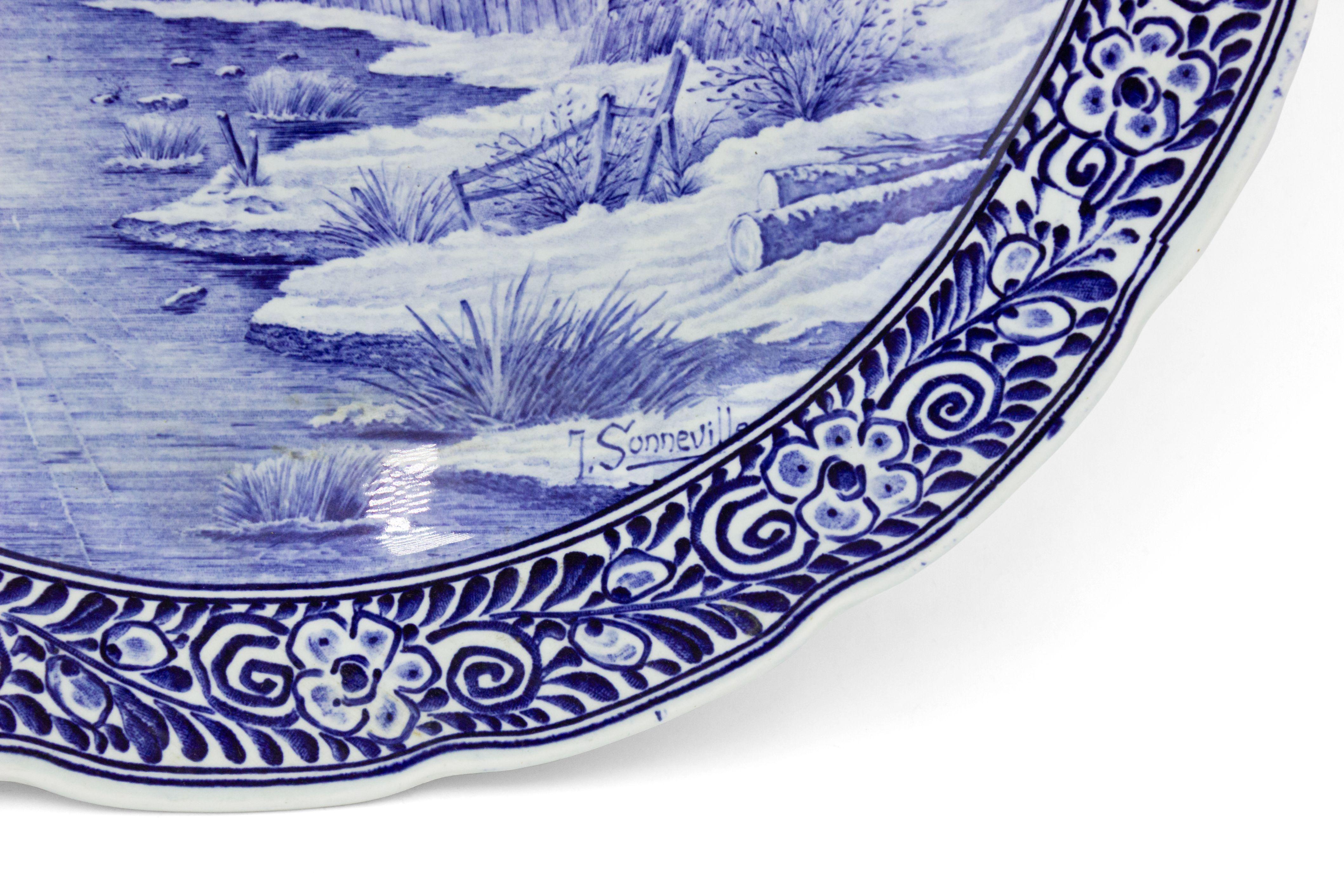 19th Century Pair of Dutch Porcelain Landscape Charger Plates For Sale 4