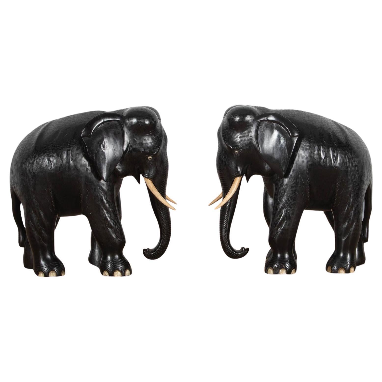 19th Century Pair of Ebony Elephants