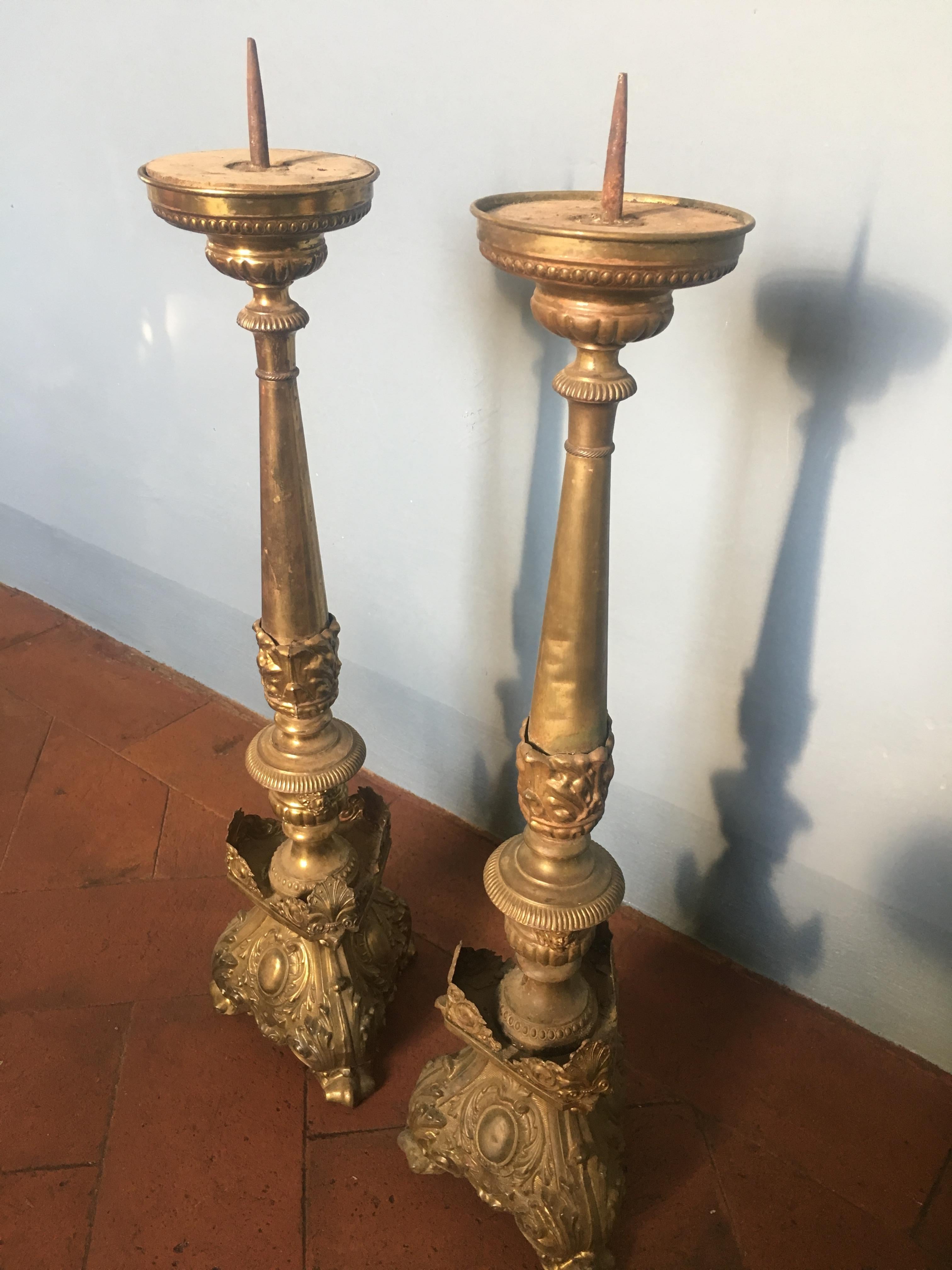 Mid-Century Modern 19th Century Pair of Ecclesiastic Brass Candleholder, 1890s For Sale