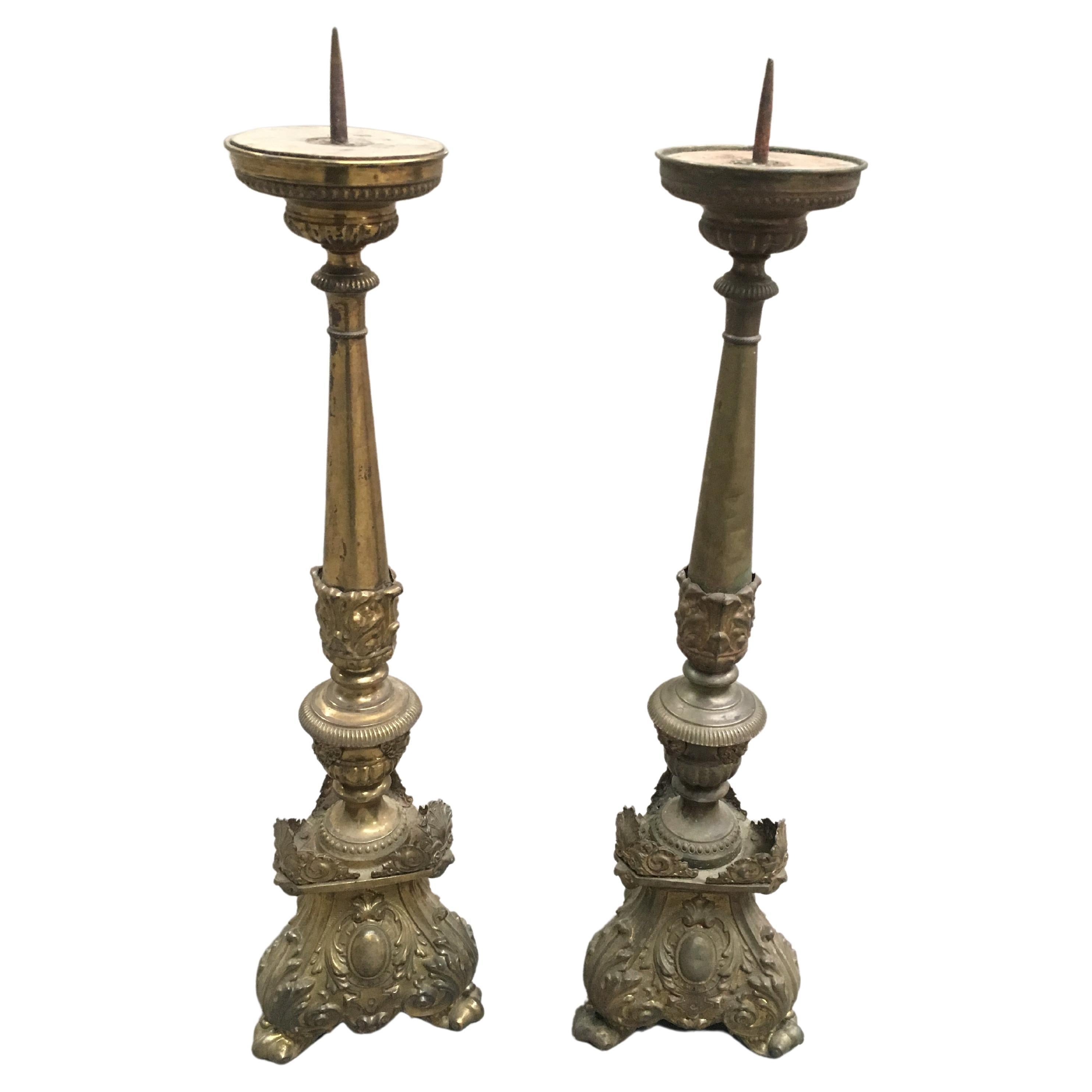 19th Century Pair of Ecclesiastic Brass Candleholder, 1890s For Sale