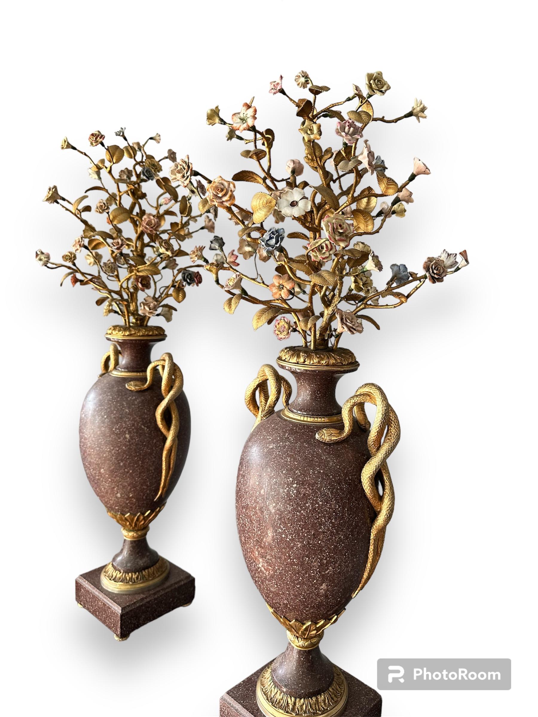 19th Century Pair of Egyptian Porphyry Vases and Vessels Porcelain Gilded Bronze In Good Condition For Sale In PALERMO, IT