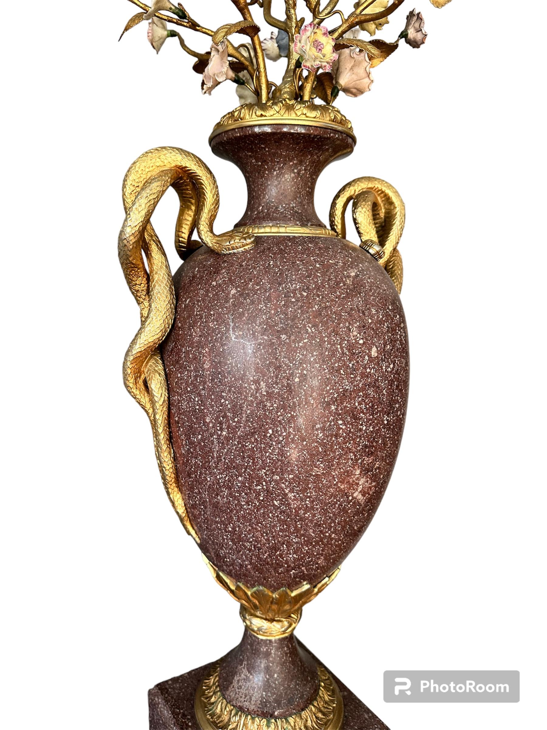 Empire 19th Century Pair of Egyptian Porphyry Vases and Vessels Porcelain Gilded Bronze For Sale