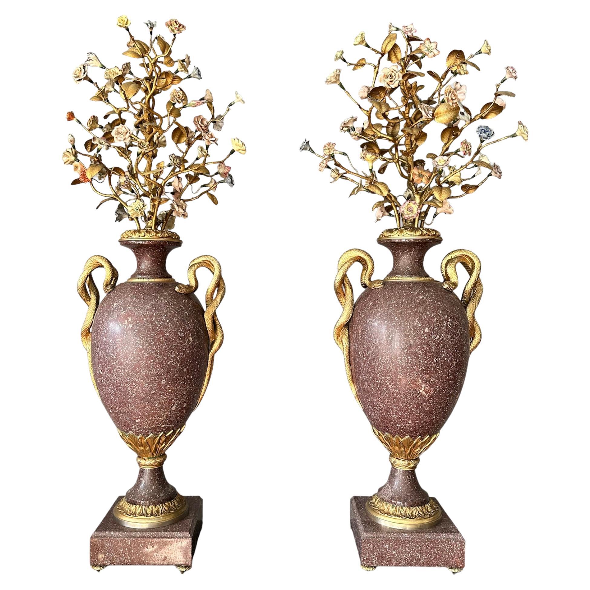19th Century Pair of Egyptian Porphyry Vases and Vessels Porcelain Gilded Bronze For Sale