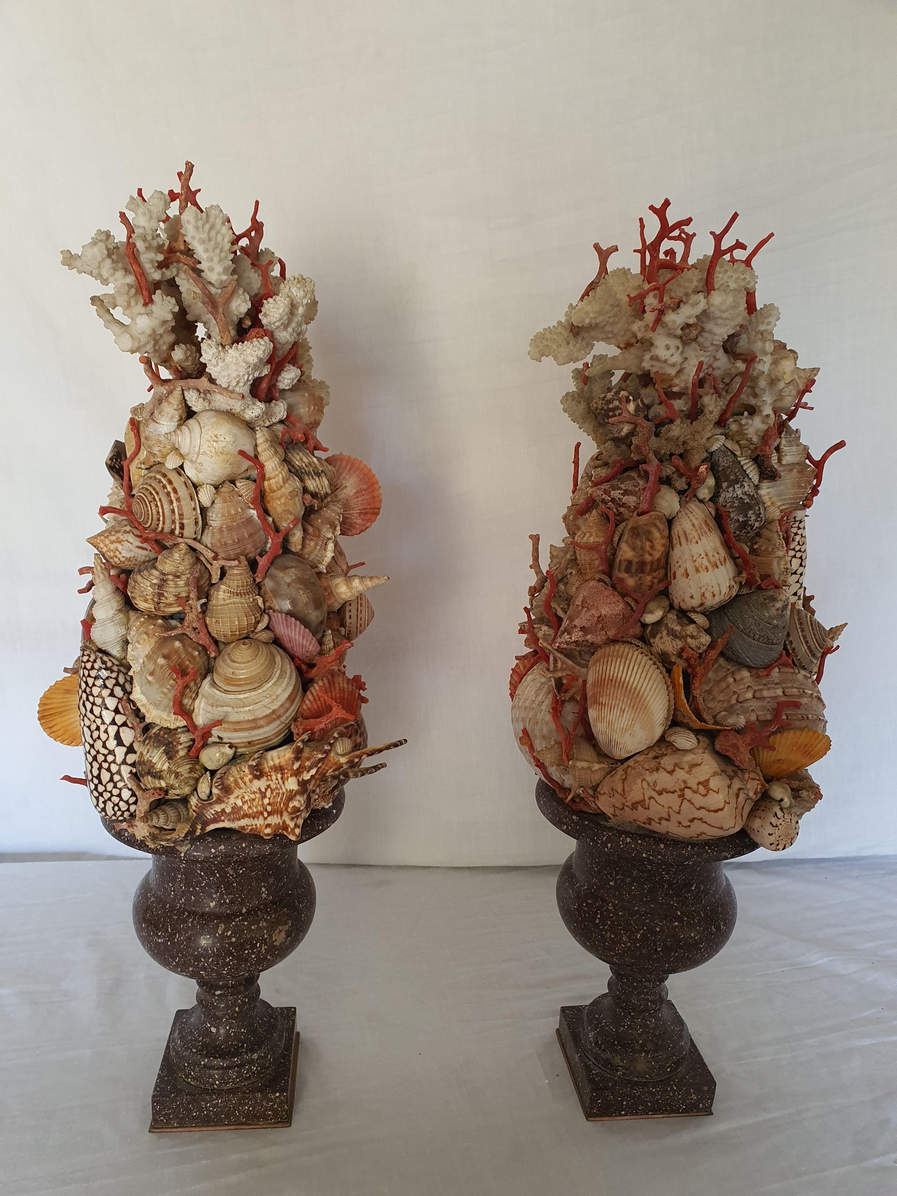19th Century Pair of Egyptian Porphyry Vases with Shells and Coral from Trapani 5