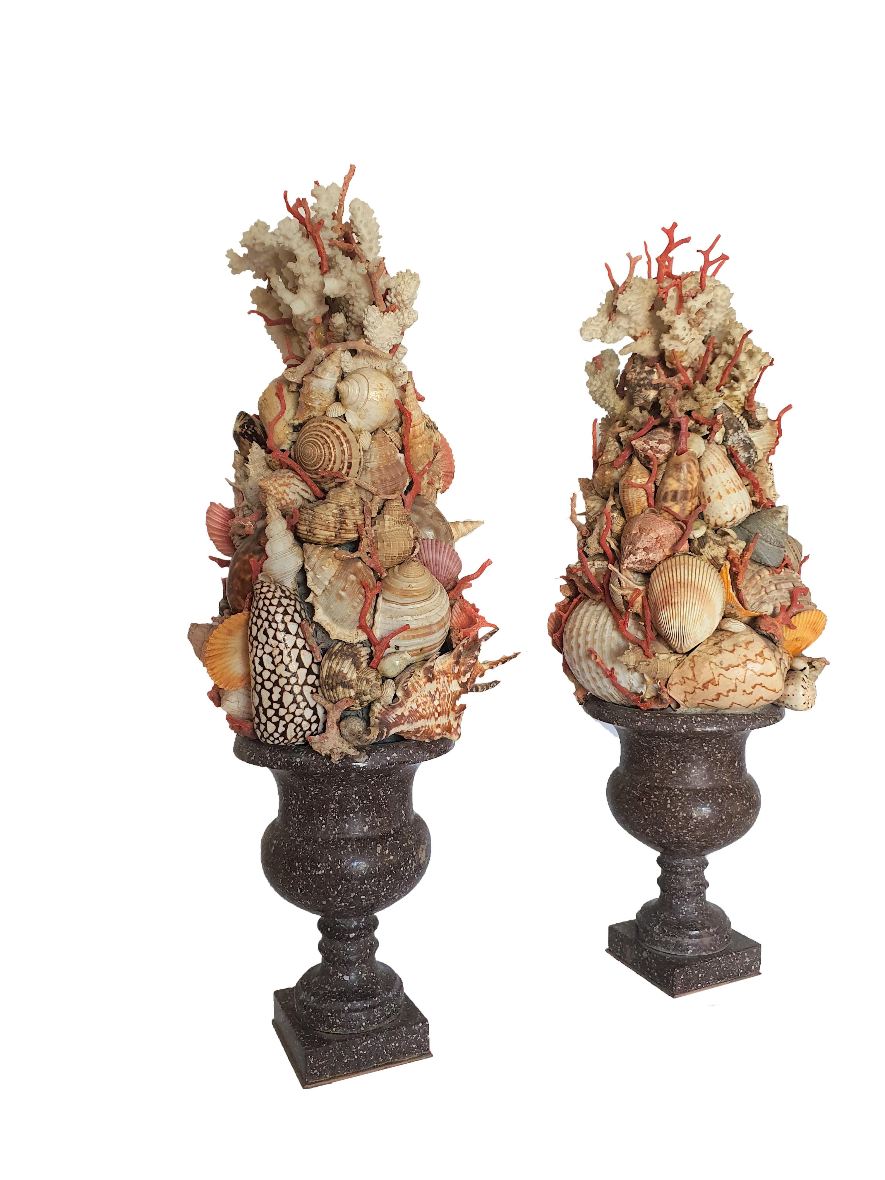 Napoleon III 19th Century Pair of Egyptian Porphyry Vases with Shells and Coral from Trapani