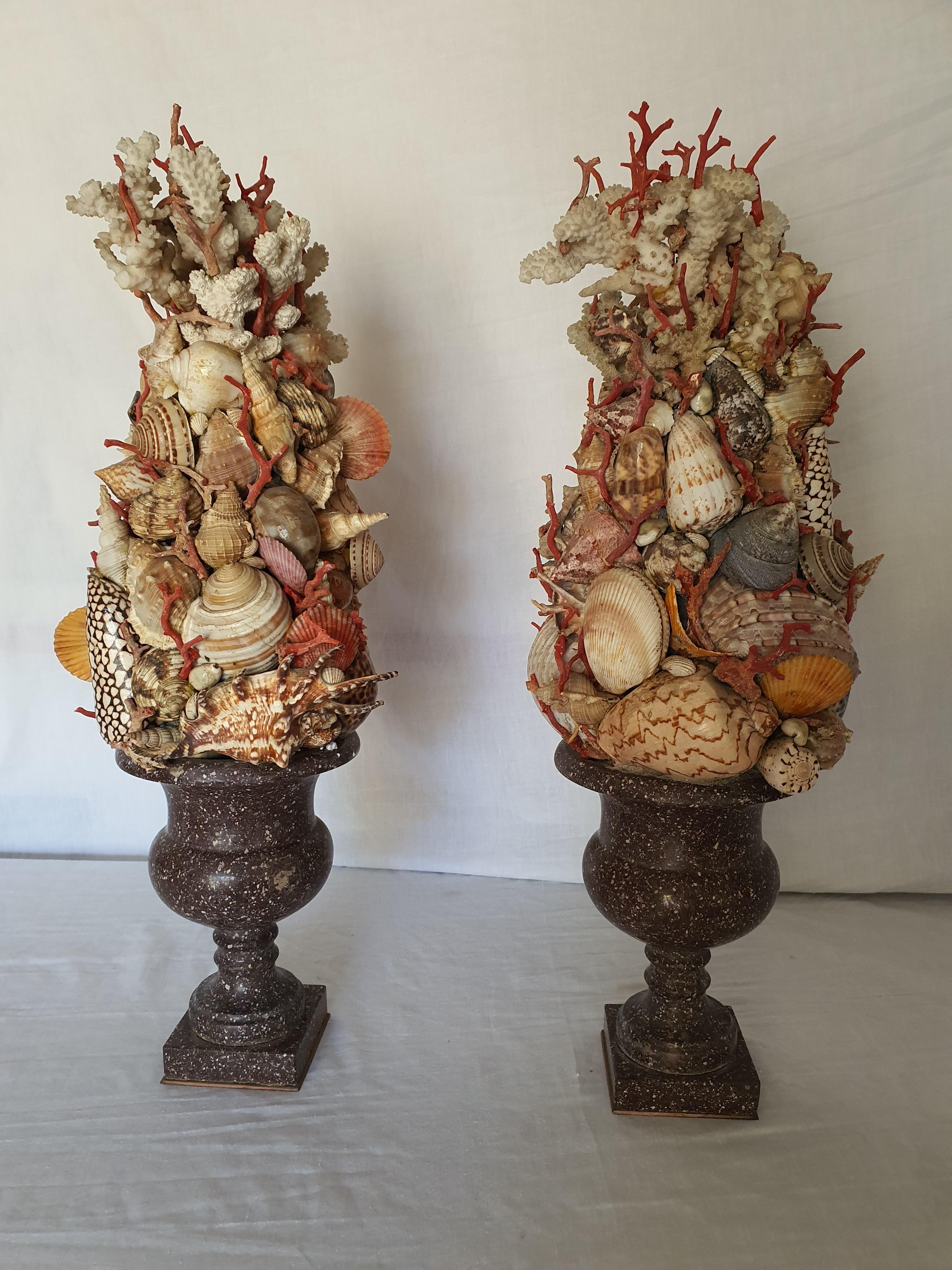 Italian 19th Century Pair of Egyptian Porphyry Vases with Shells and Coral from Trapani