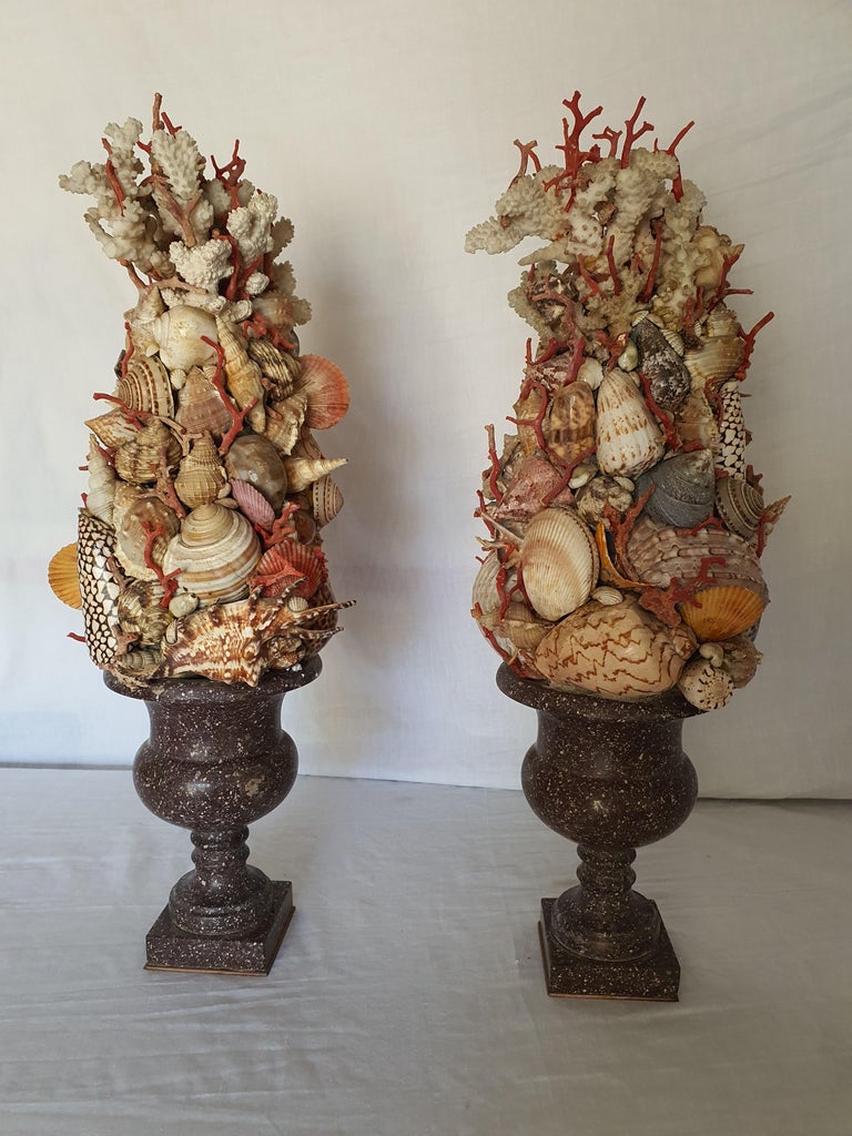 Italian 19th Century Pair of Egyptian Porphyry Vases with Shells and Coral from Trapani For Sale