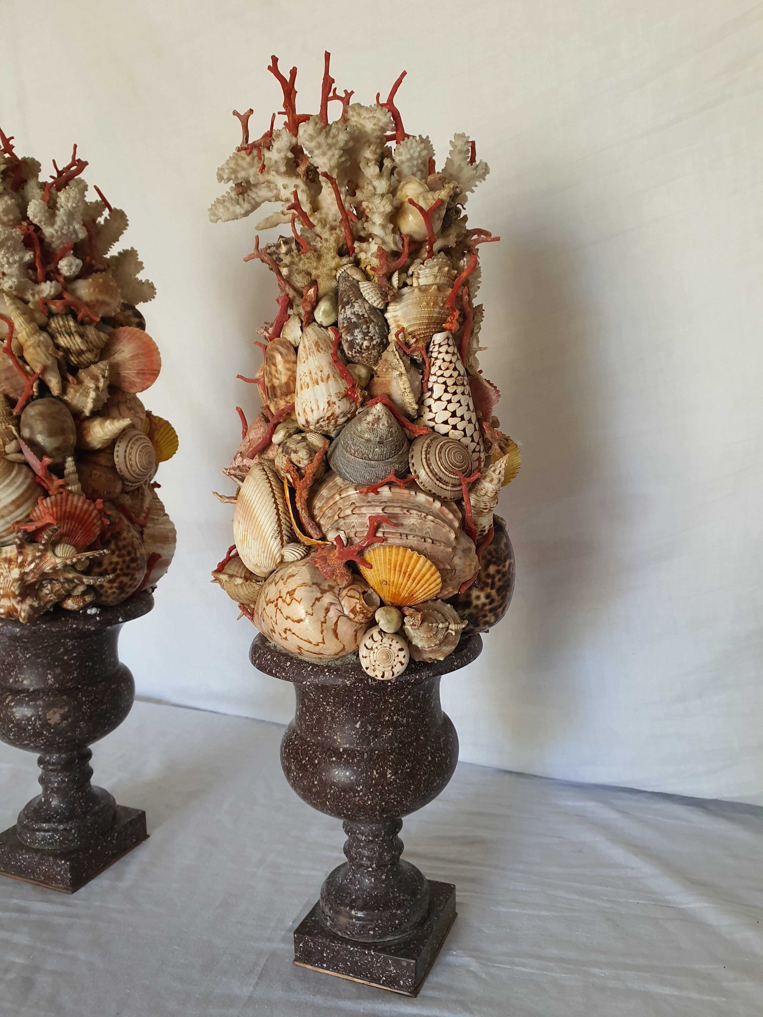 19th Century Pair of Egyptian Porphyry Vases with Shells and Coral from Trapani In Good Condition In PALERMO, IT