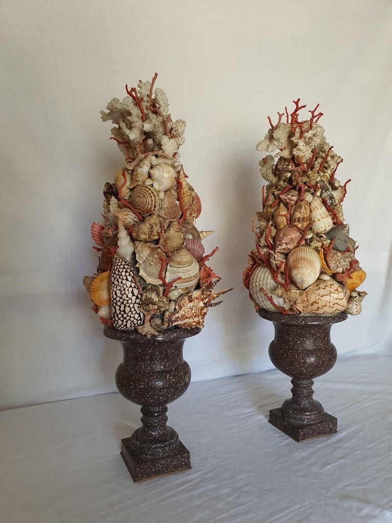 19th Century Pair of Egyptian Porphyry Vases with Shells and Coral from Trapani For Sale 1