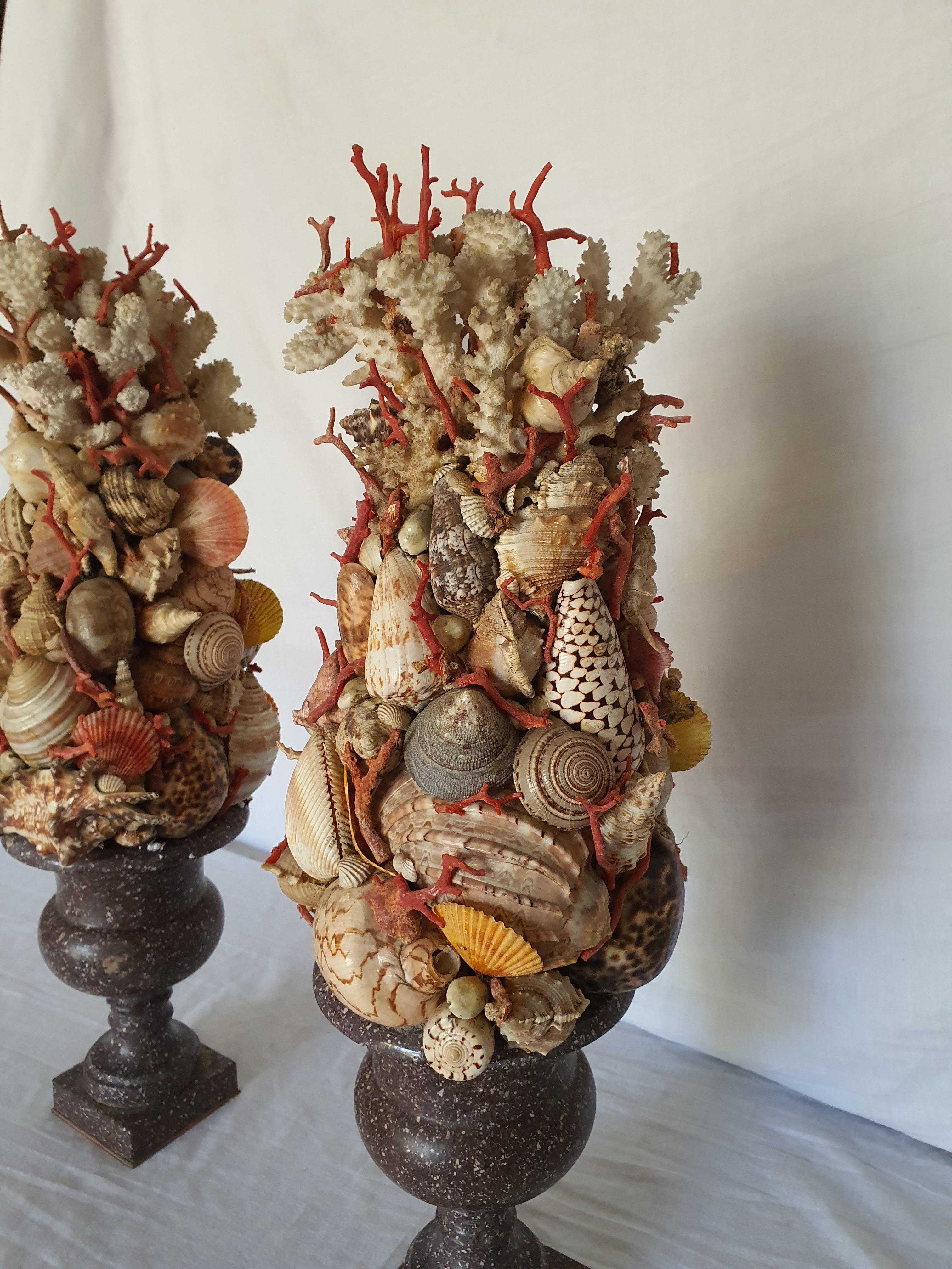 19th Century Pair of Egyptian Porphyry Vases with Shells and Coral from Trapani 4