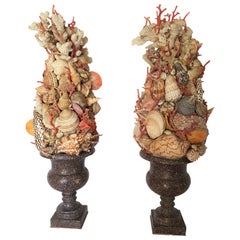 19th Century Pair of Egyptian Porphyry Vases with Shells and Coral from Trapani