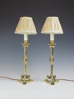 19th Century Pair of Elegant Brass Candlestick Lamps On Tri-form Lion Claws Feet