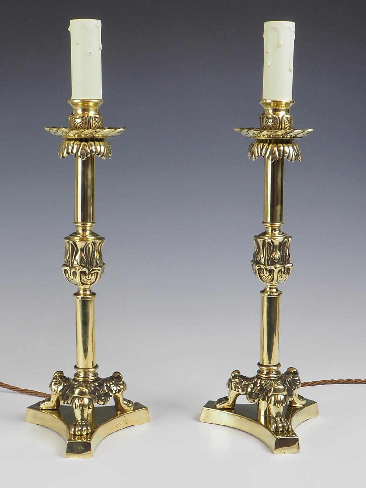 Laiton Paire d'élégantes lampes chandeliers en laiton du 19ème siècle sur pieds en forme de griffes de lion en vente
