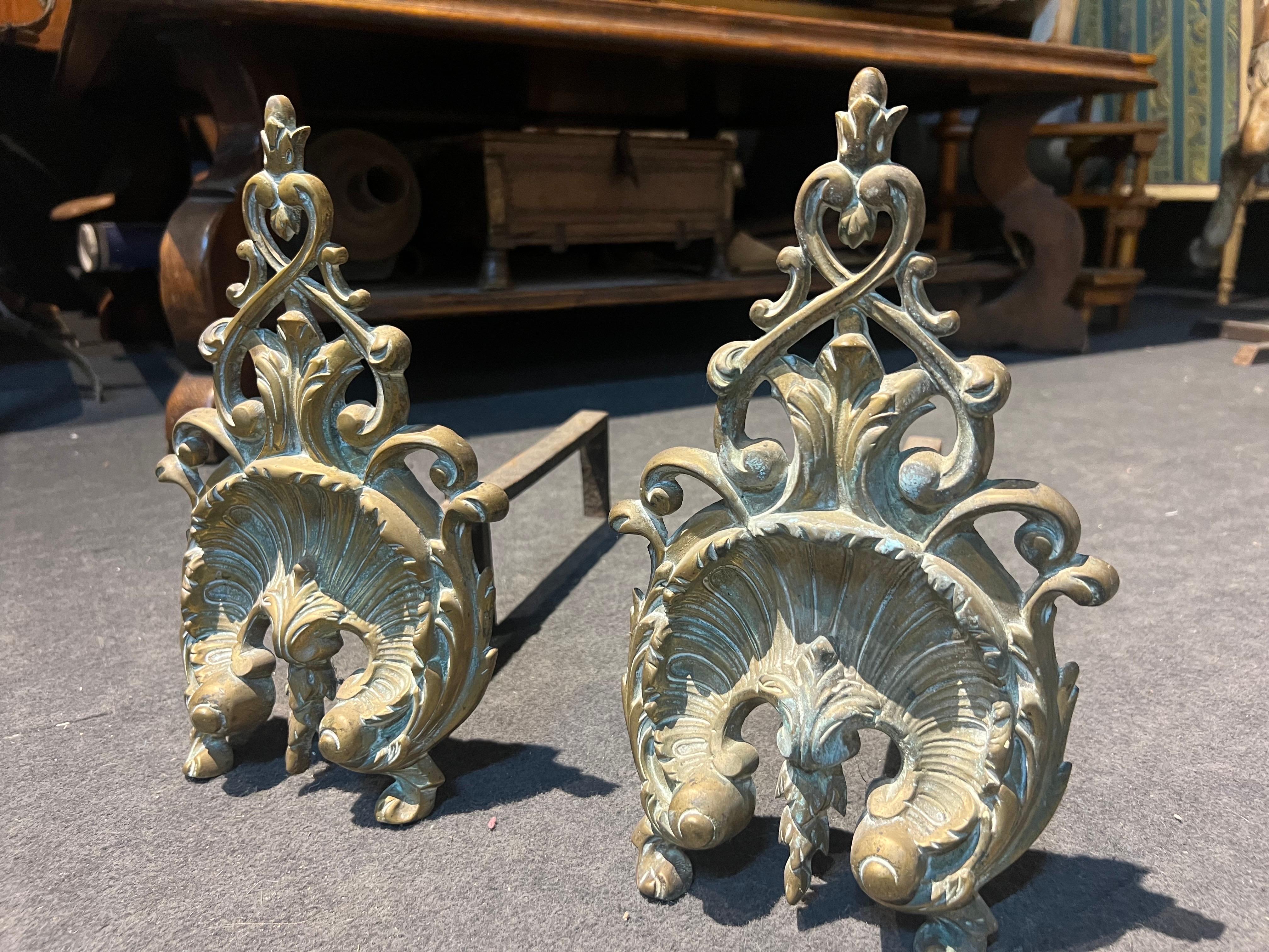 French 19th Century Pair of Elegant Louis XV Style Fireplace Dogs For Sale