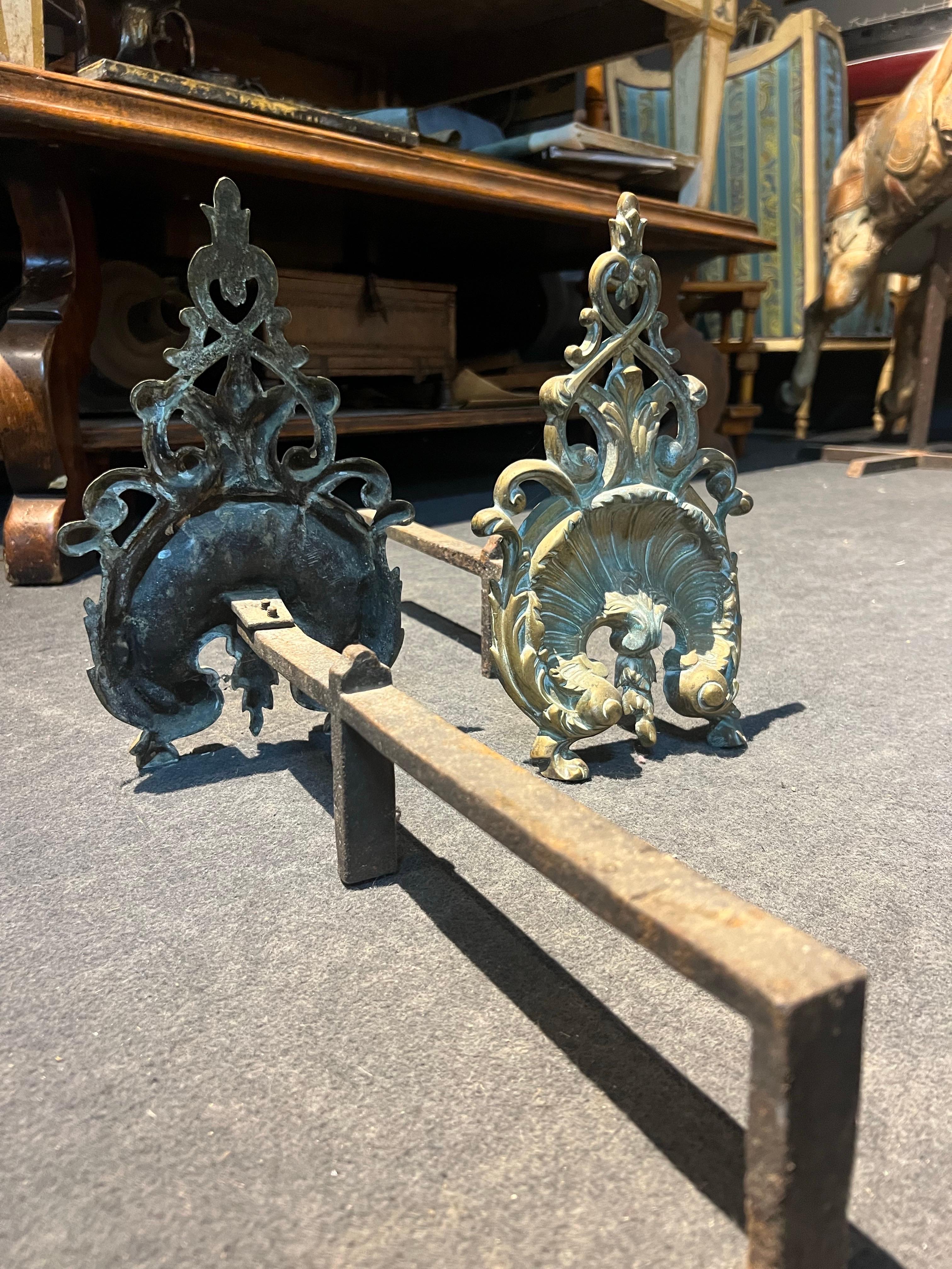 Hand-Carved 19th Century Pair of Elegant Louis XV Style Fireplace Dogs For Sale