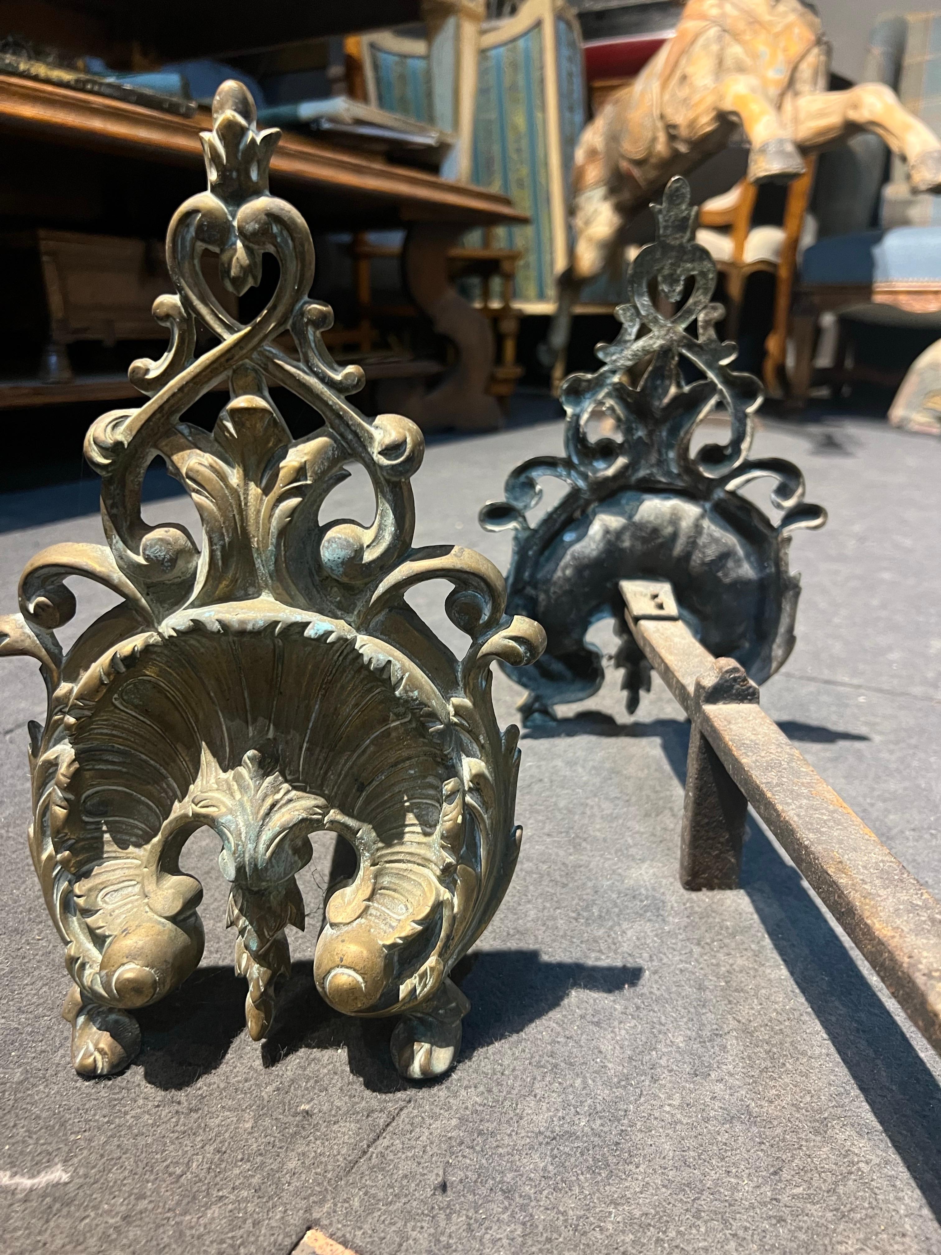 Bronze 19th Century Pair of Elegant Louis XV Style Fireplace Dogs For Sale
