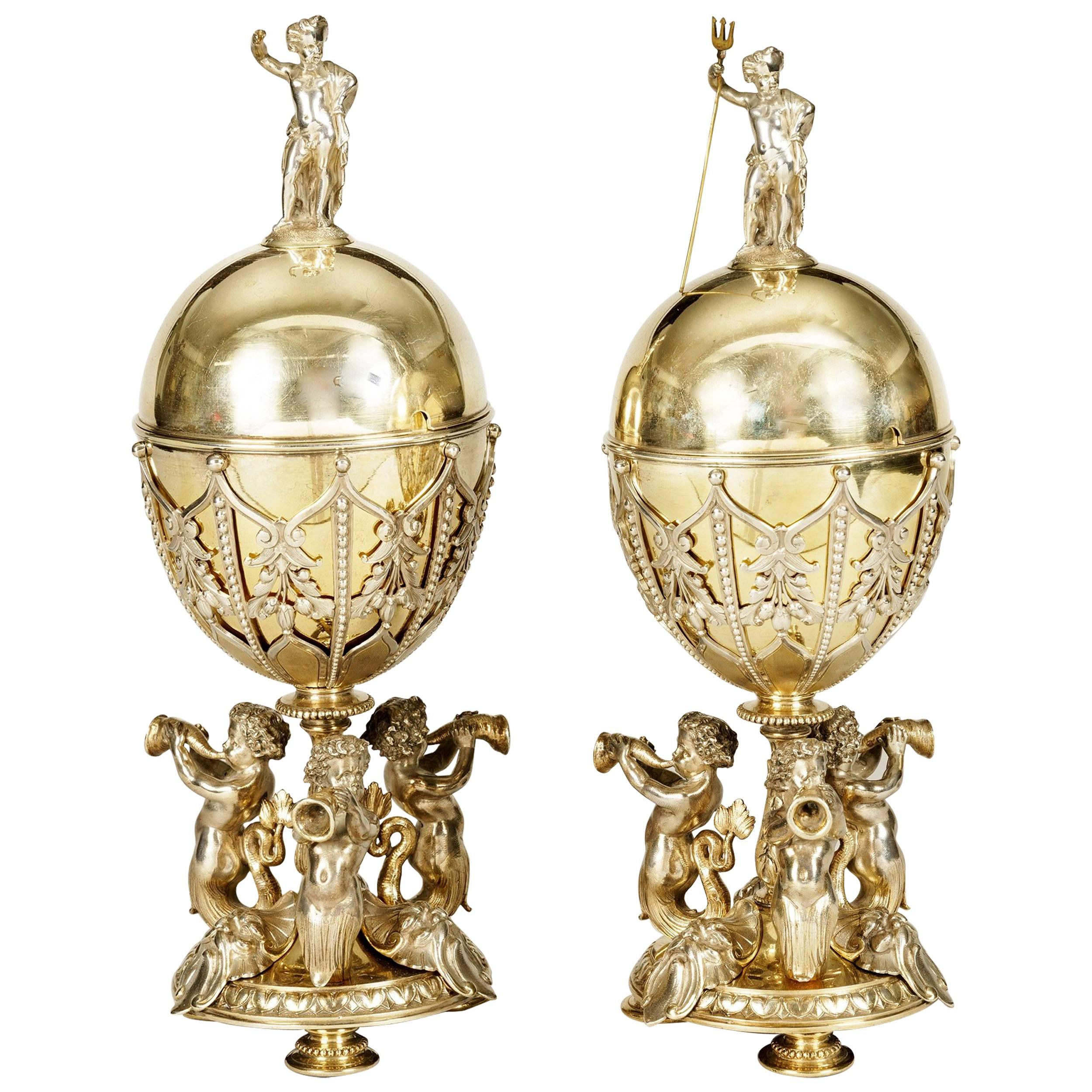 Coppia di calici con coperchio in argento di Elkington & Company del XIX secolo