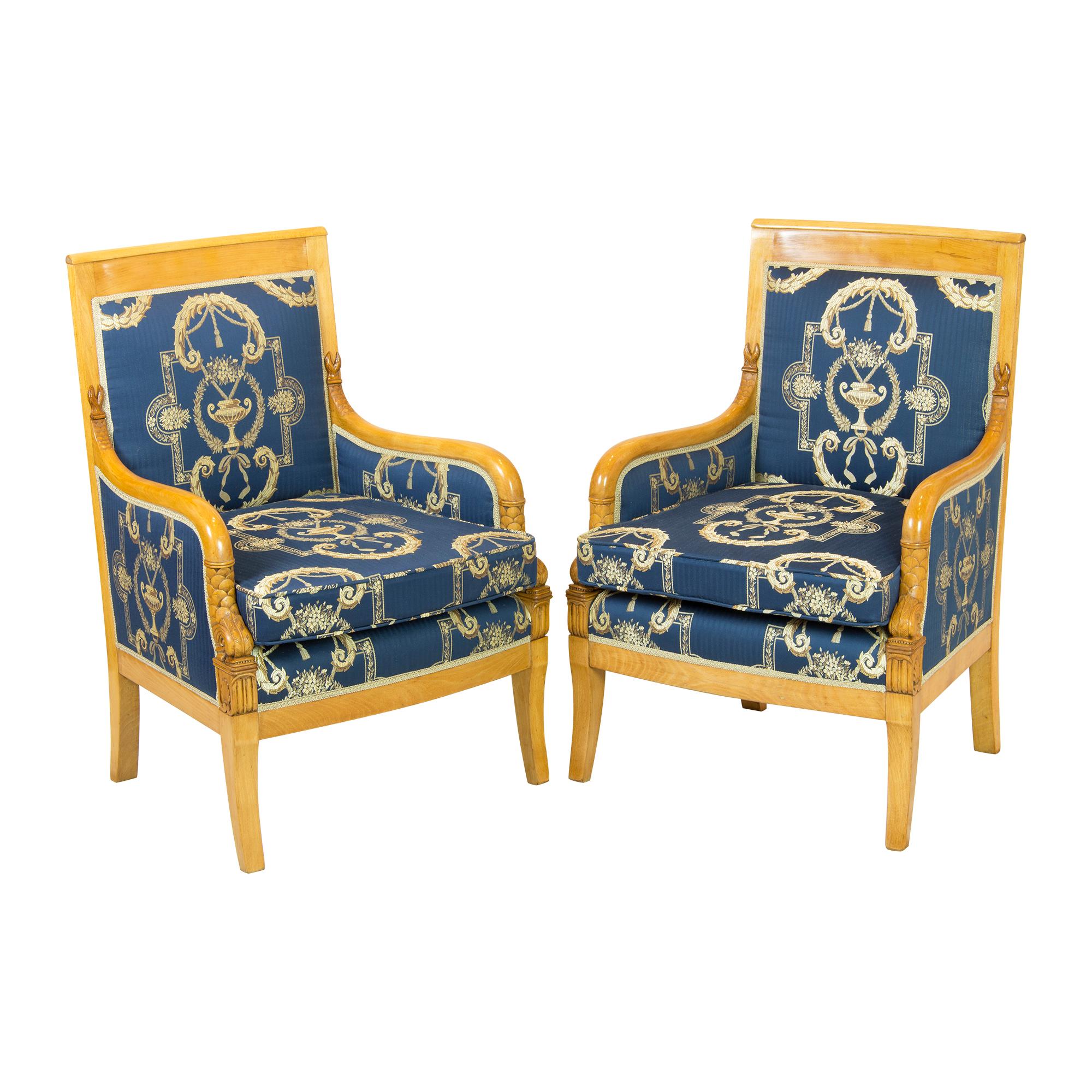 German 19th Century Pair of Empire / Biedermeier Solid Beech Bergeres, New Upholstered For Sale