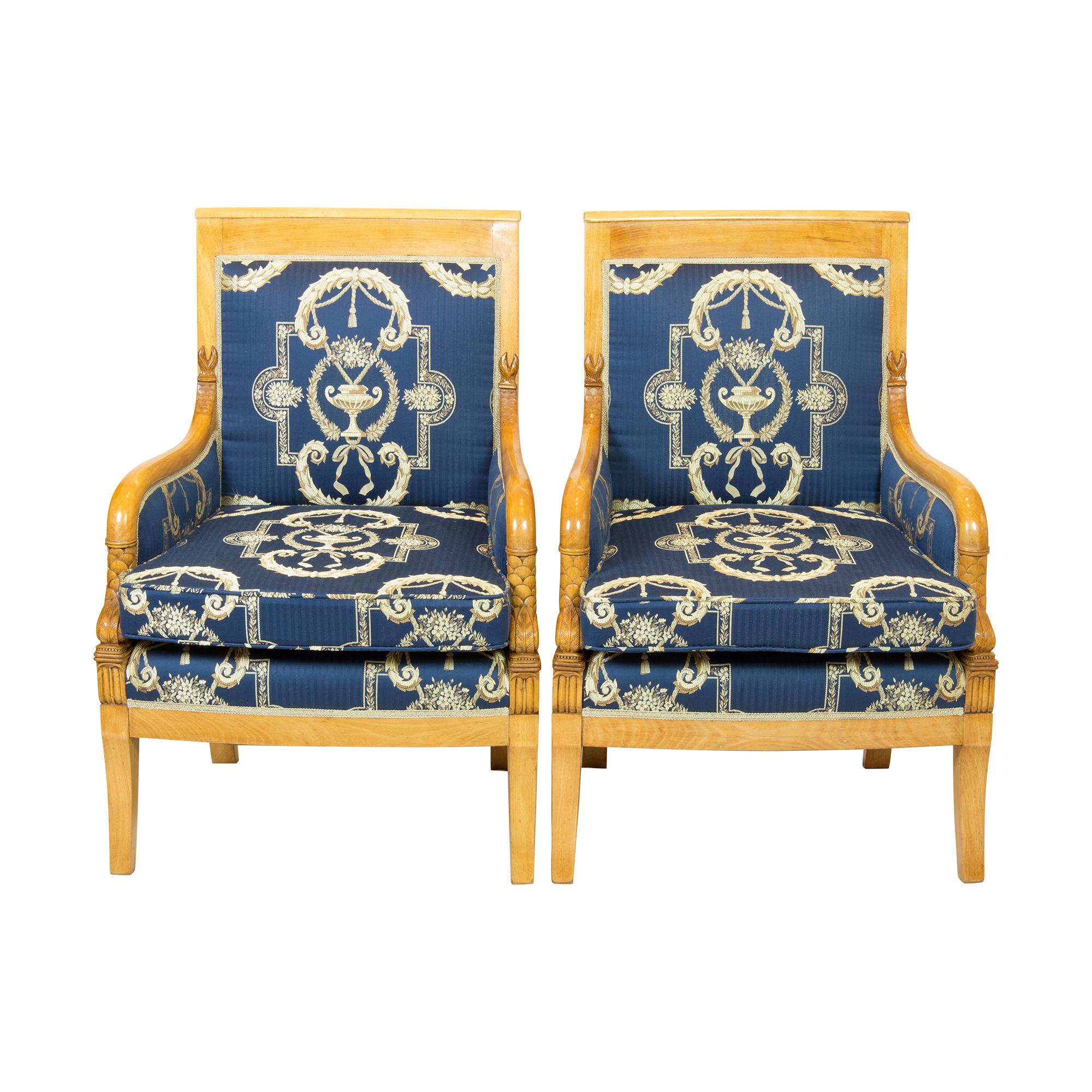 Polished 19th Century Pair of Empire / Biedermeier Solid Beech Bergeres, New Upholstered For Sale