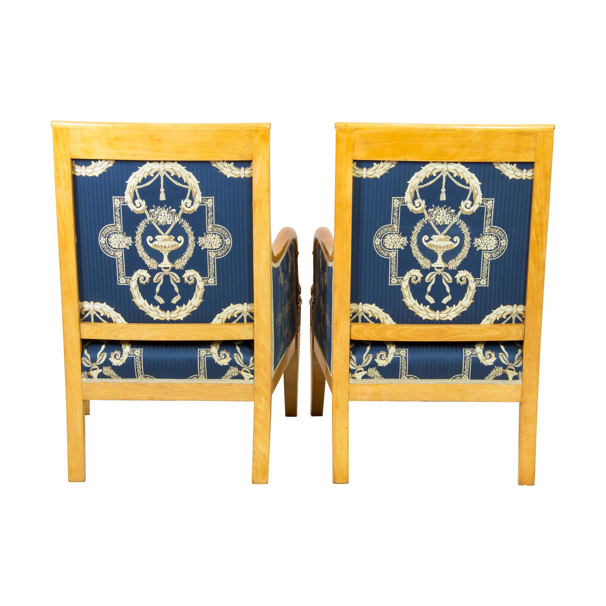 19th Century Pair of Empire / Biedermeier Solid Beech Bergeres, New Upholstered For Sale 1