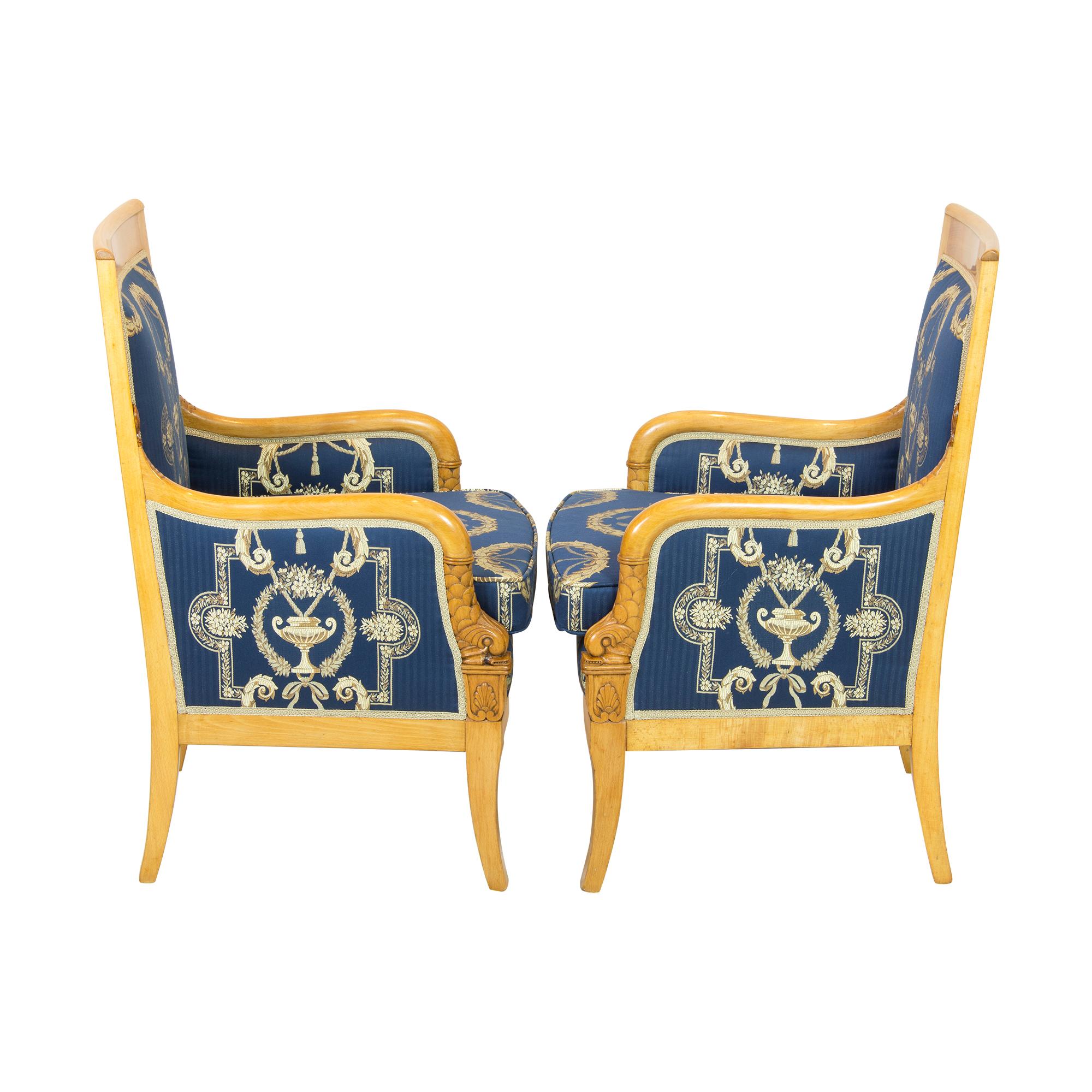 19th Century Pair of Empire / Biedermeier Solid Beech Bergeres, New Upholstered For Sale 2