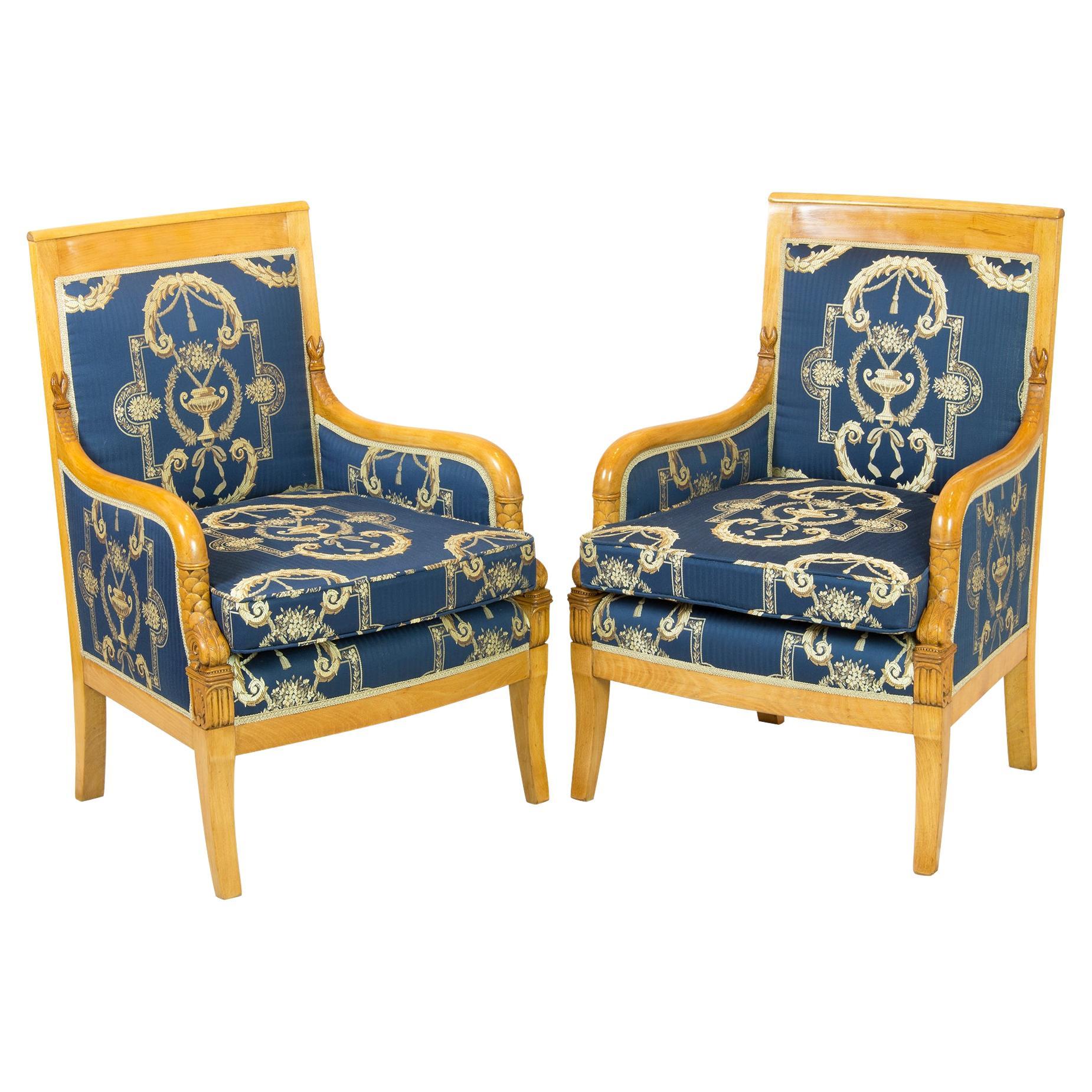 19th Century Pair of Empire / Biedermeier Solid Beech Bergeres, New Upholstered