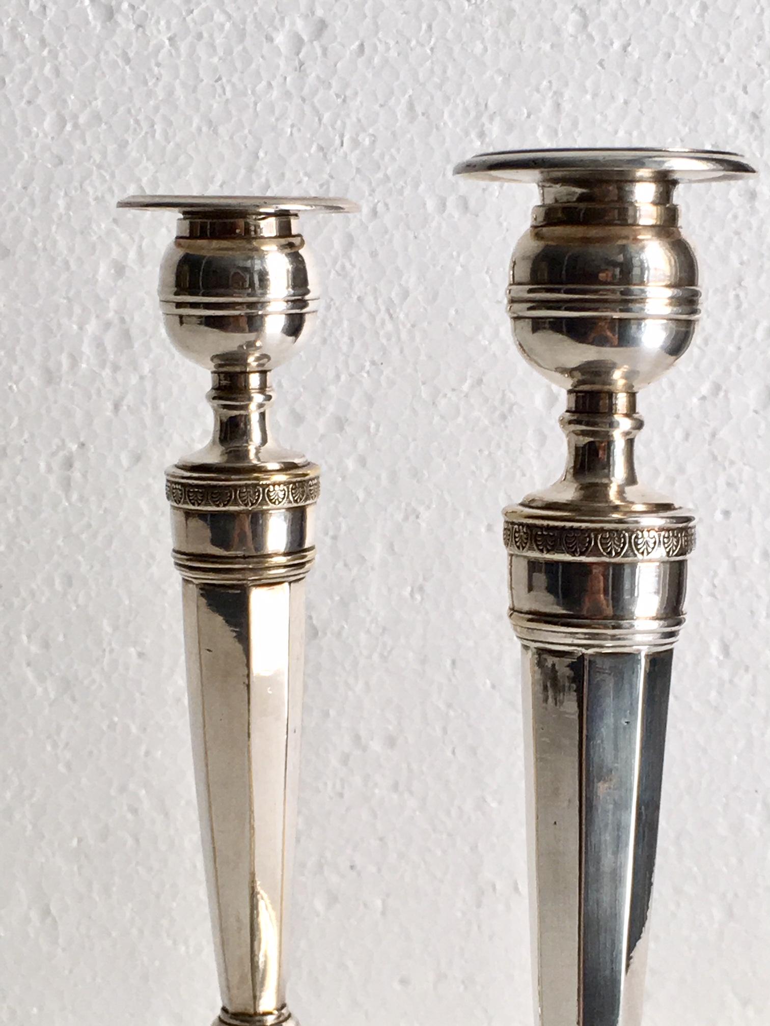 Silvered 19th Century Pair of Empire Candlesticks