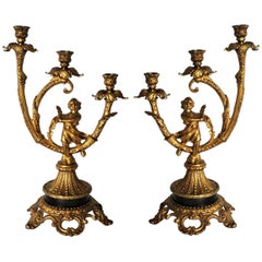 19th Century Pair of Empire Gilt Bronze Figural Three-Light Candleholders