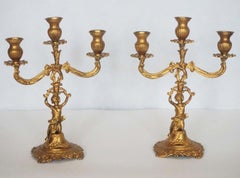 19th Century Pair of Empire Style Gilt Bronze Figural Three-Light Candleholders