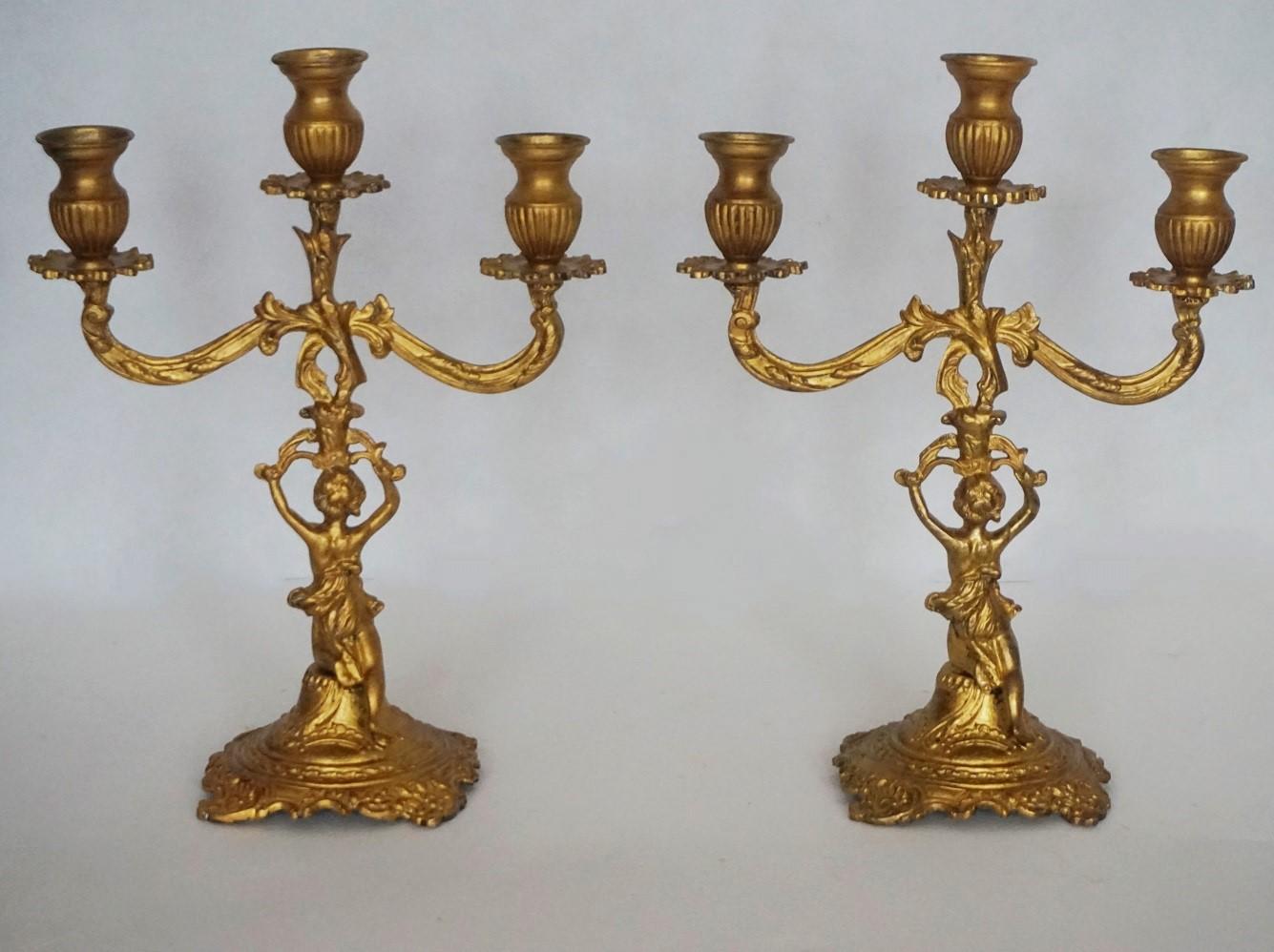 French 19th Century Pair of Empire Style Gilt Bronze Figural Three-Light Candleholders