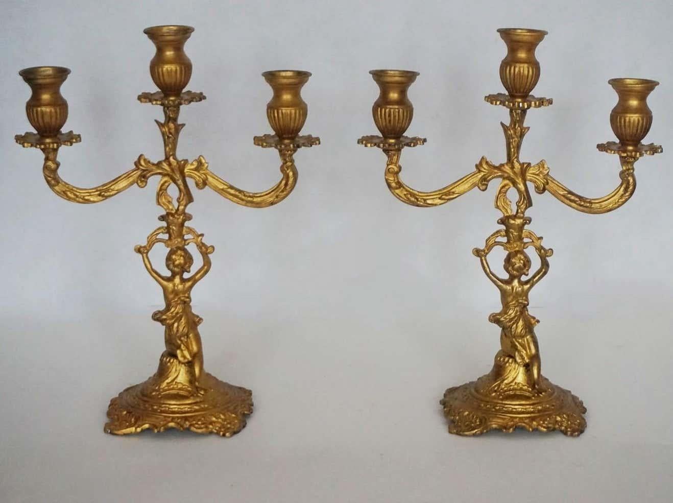 French 19th Century Pair of Empire Style Gilt Bronze Figural Three-Light Candleholders For Sale